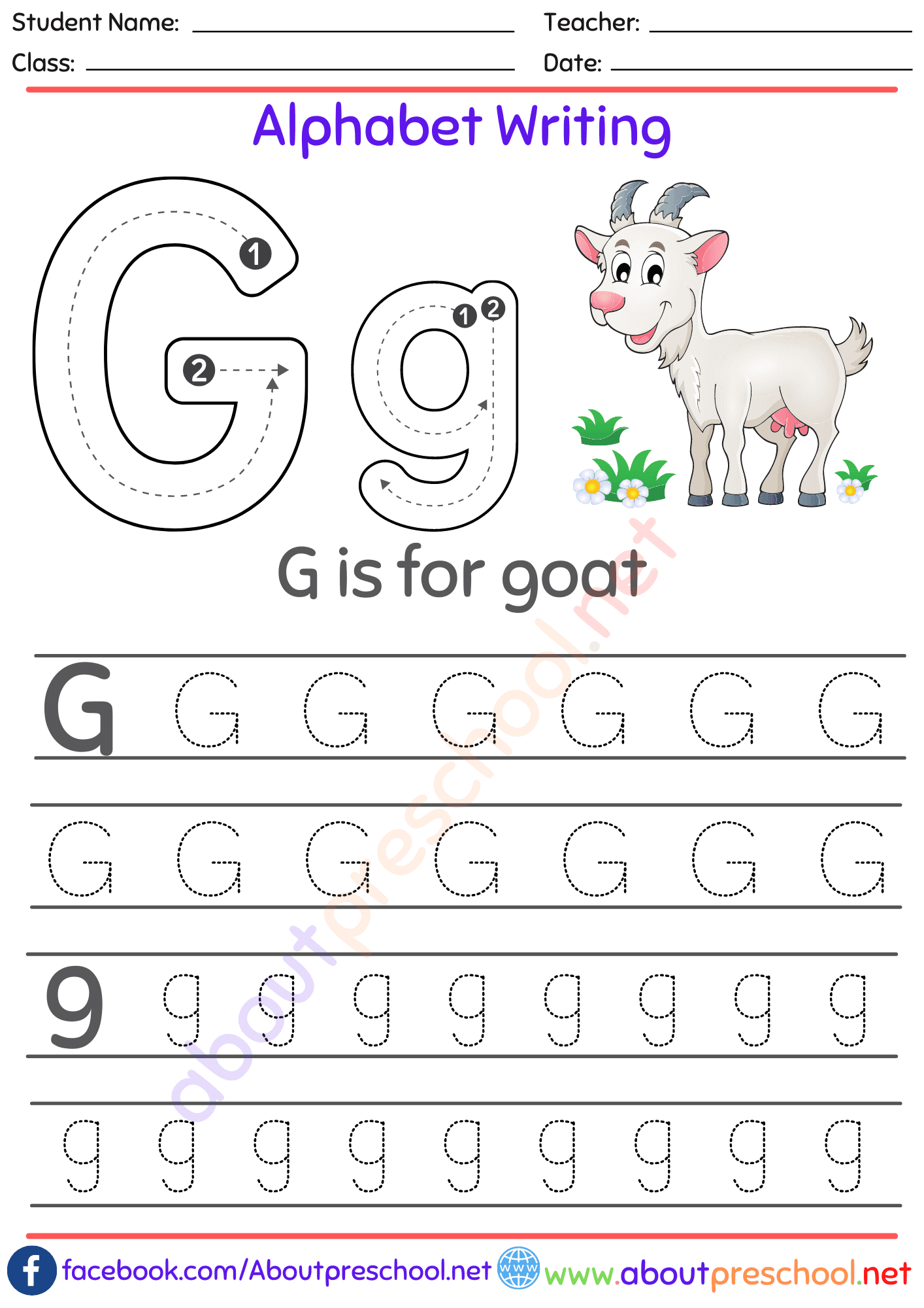 Alphabet Writing Worksheet g