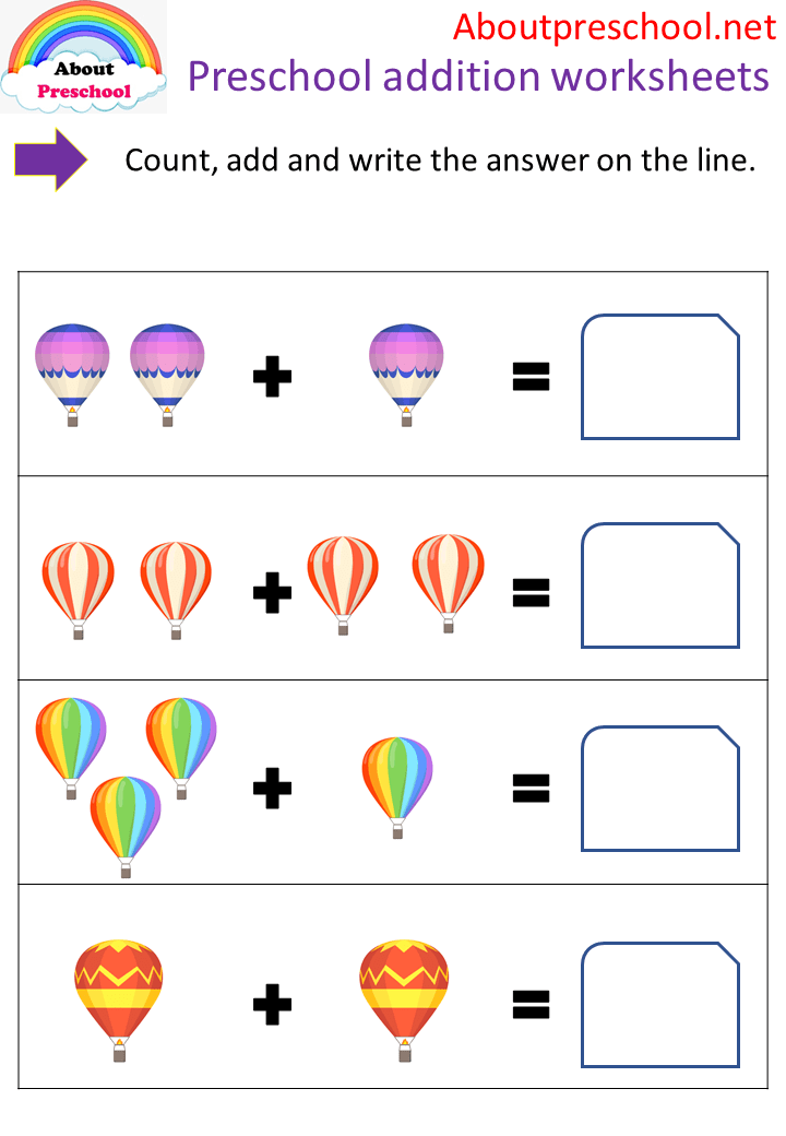 Preschool addition worksheets balloon