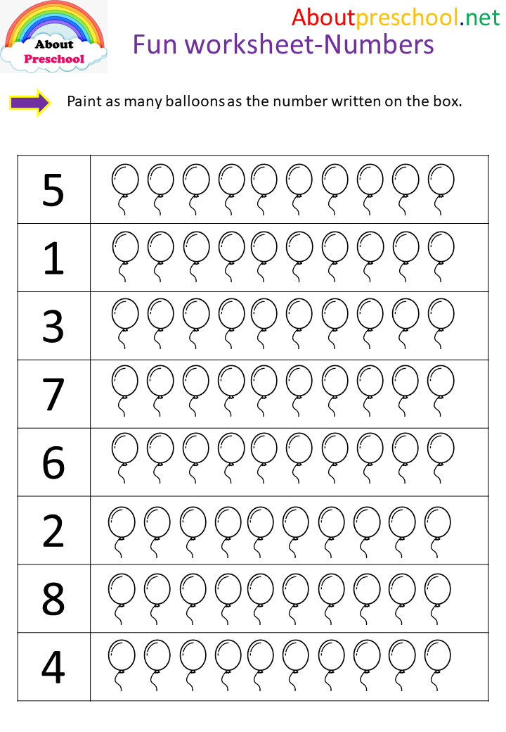 Preschool fun worksheet numbers balloon