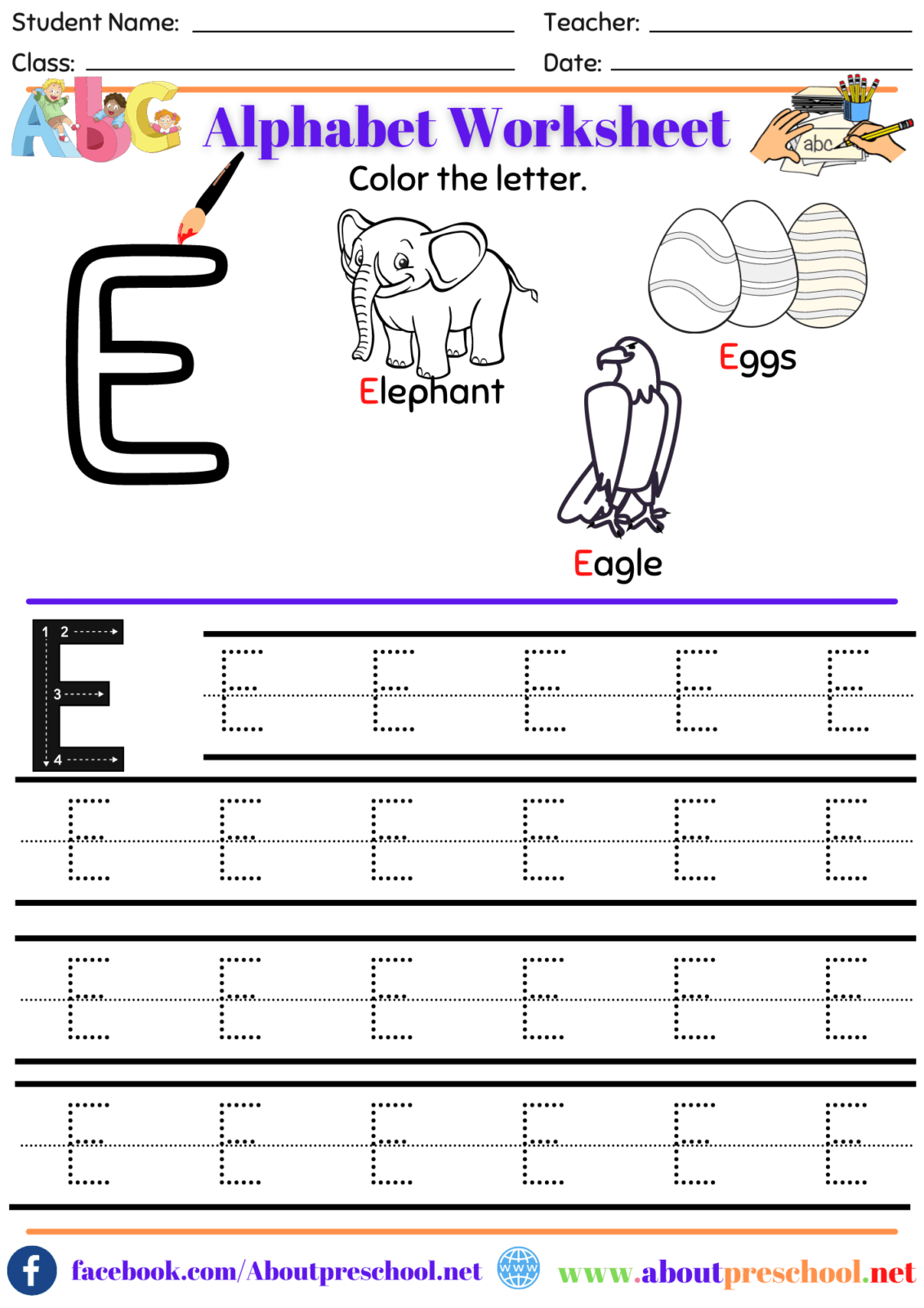 Letter E Worksheet - About Preschool