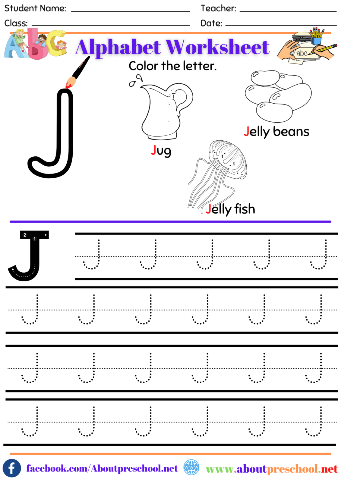 Letter J worksheet - About Preschool