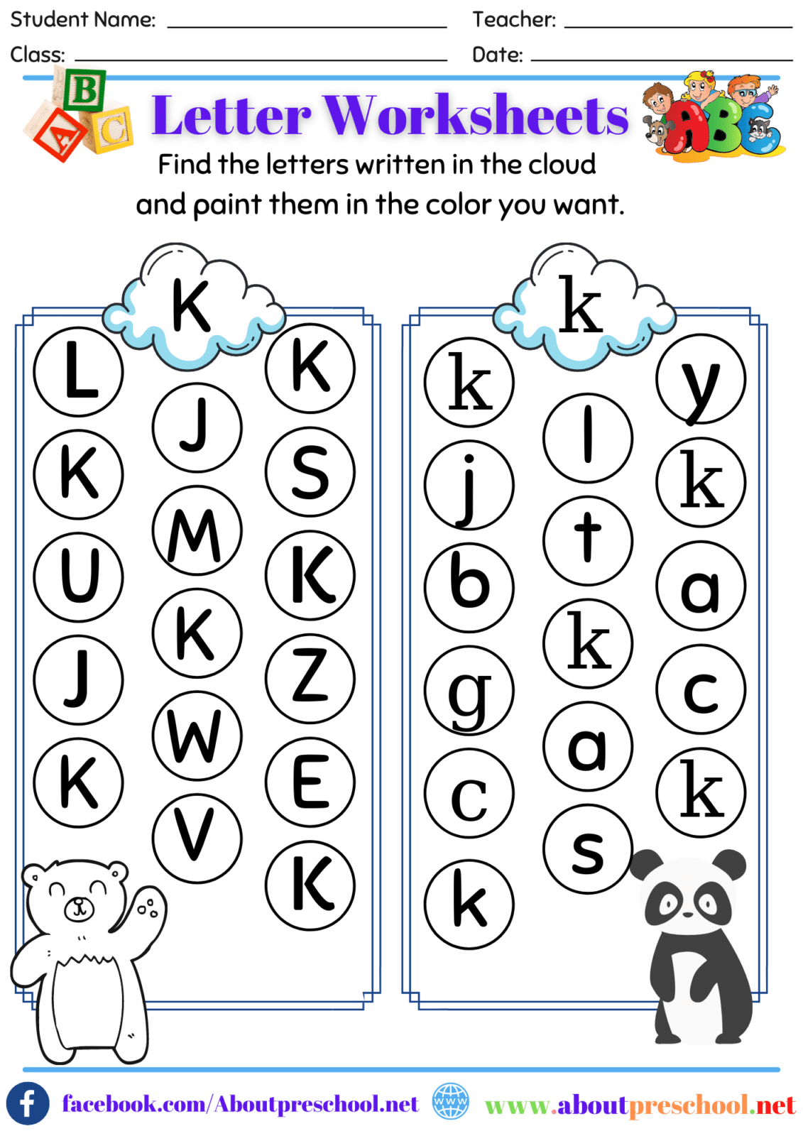 Free Letter K Alphabet Learning Worksheet For Preschool Find The Letter K Worksheet All Kids 