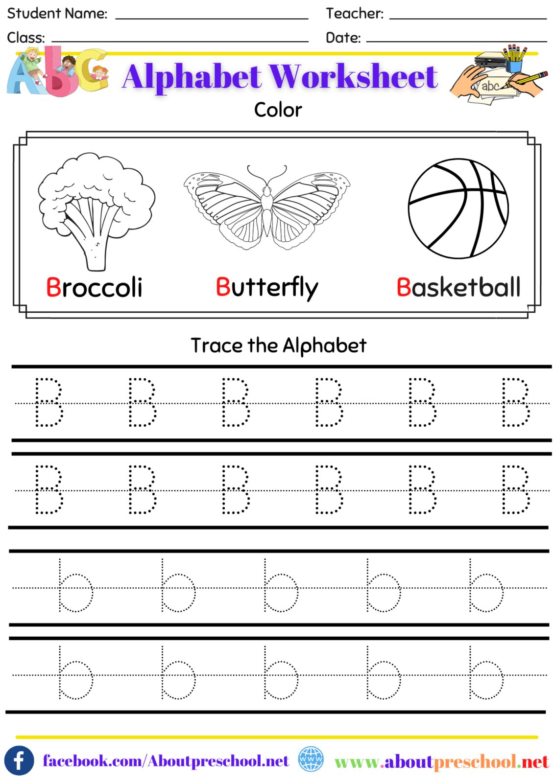 Alphabet Color and Trace Worksheet B