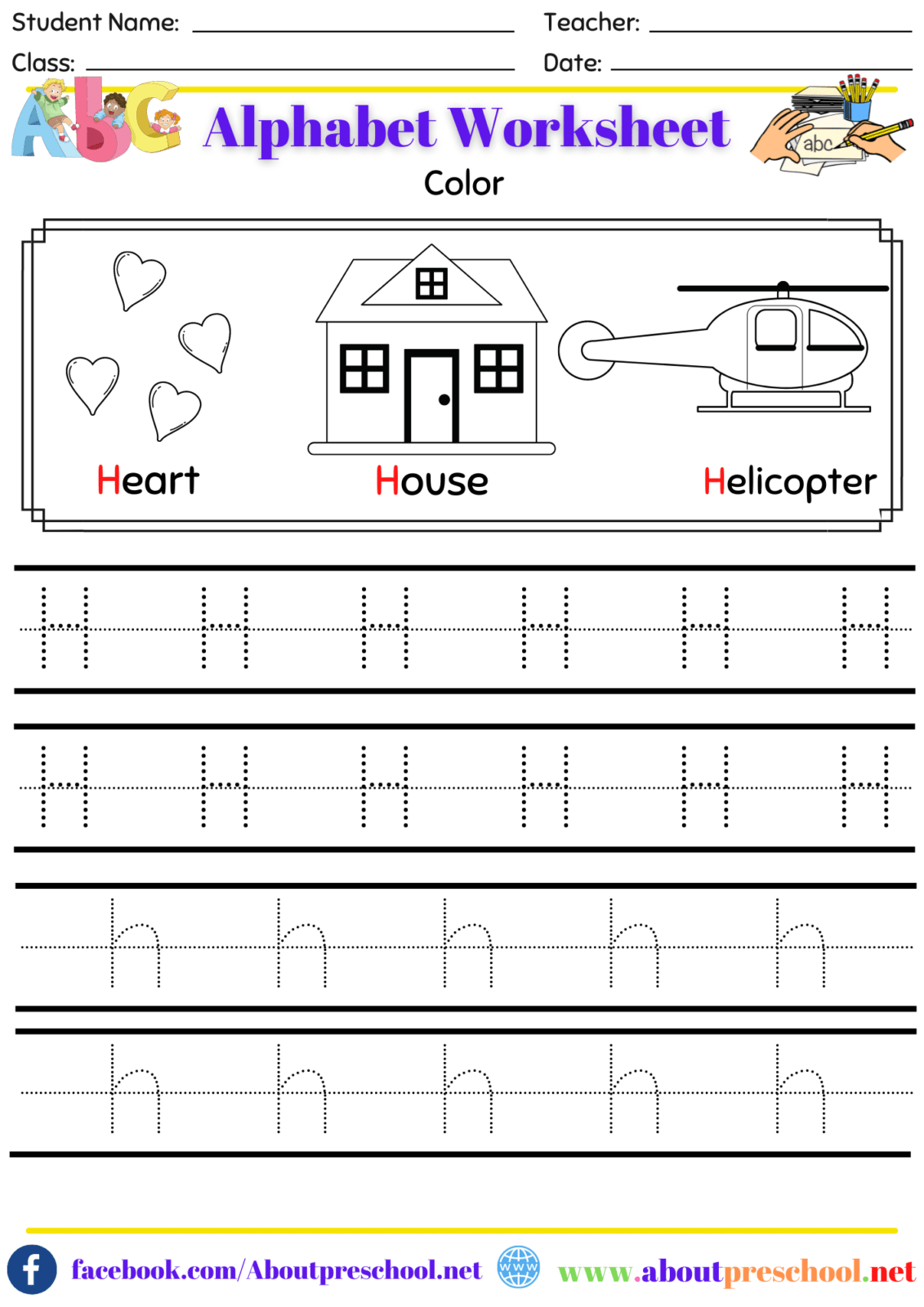 Alphabet Color and Trace Worksheet-H