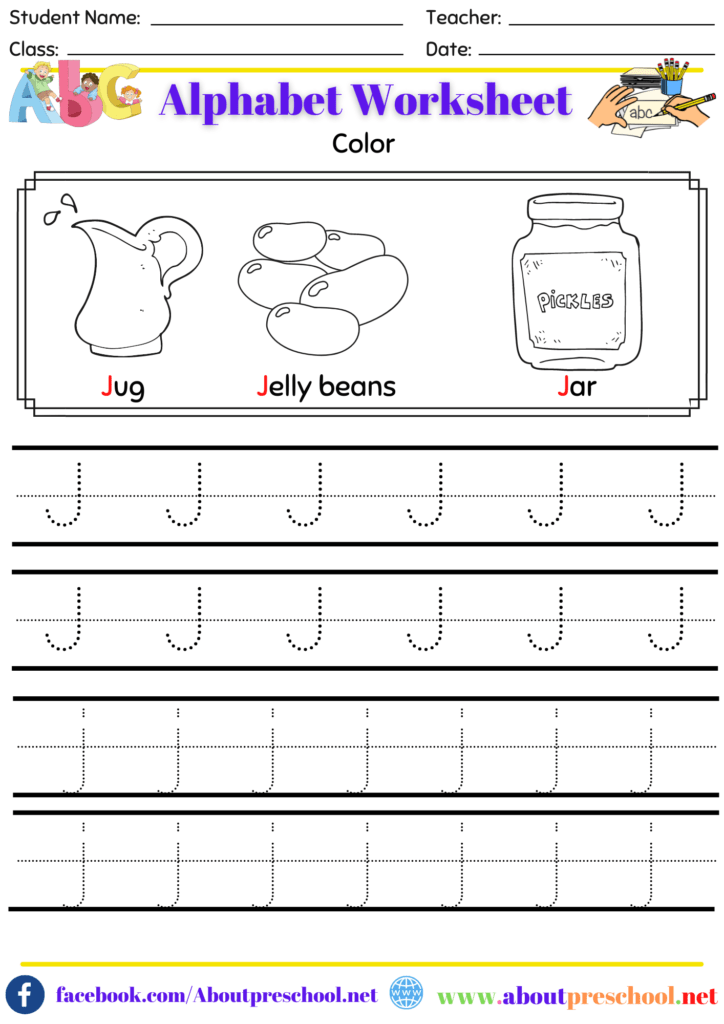 Alphabet Color and Trace Worksheet-J - About Preschool