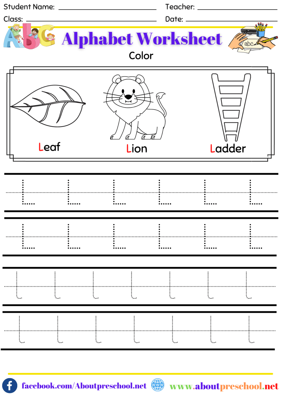Alphabet Color and Trace Worksheet-L