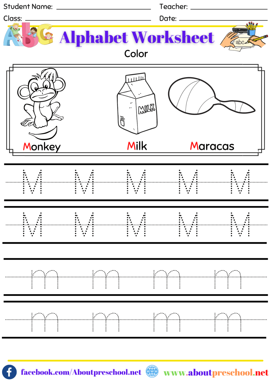 Alphabet Color and Trace Worksheet M