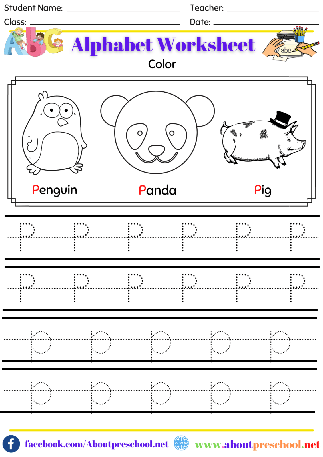 Alphabet Color and Trace Worksheet-P
