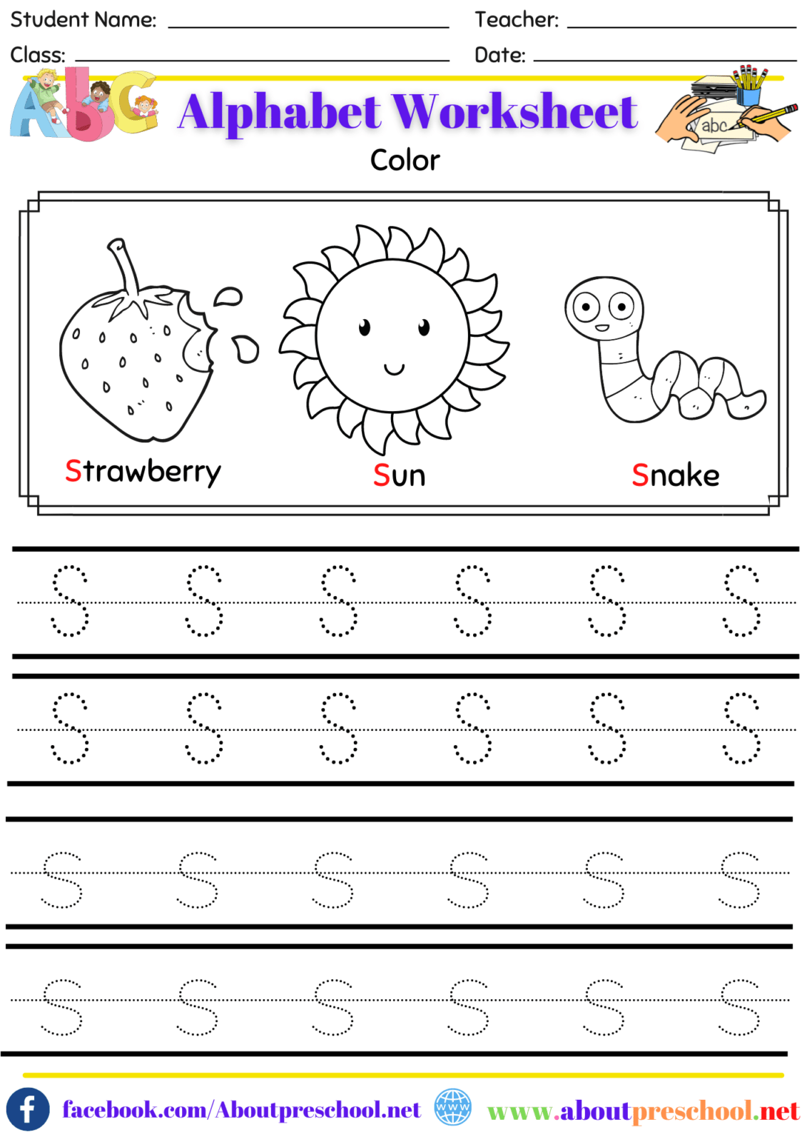 Alphabet Color and Trace Worksheet S