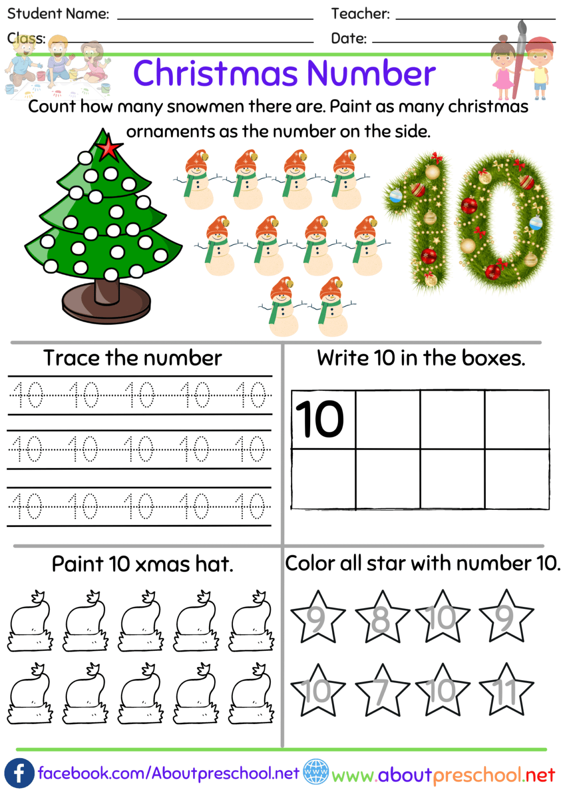 Free Preschool Kindergarten Number 10 Worksheet