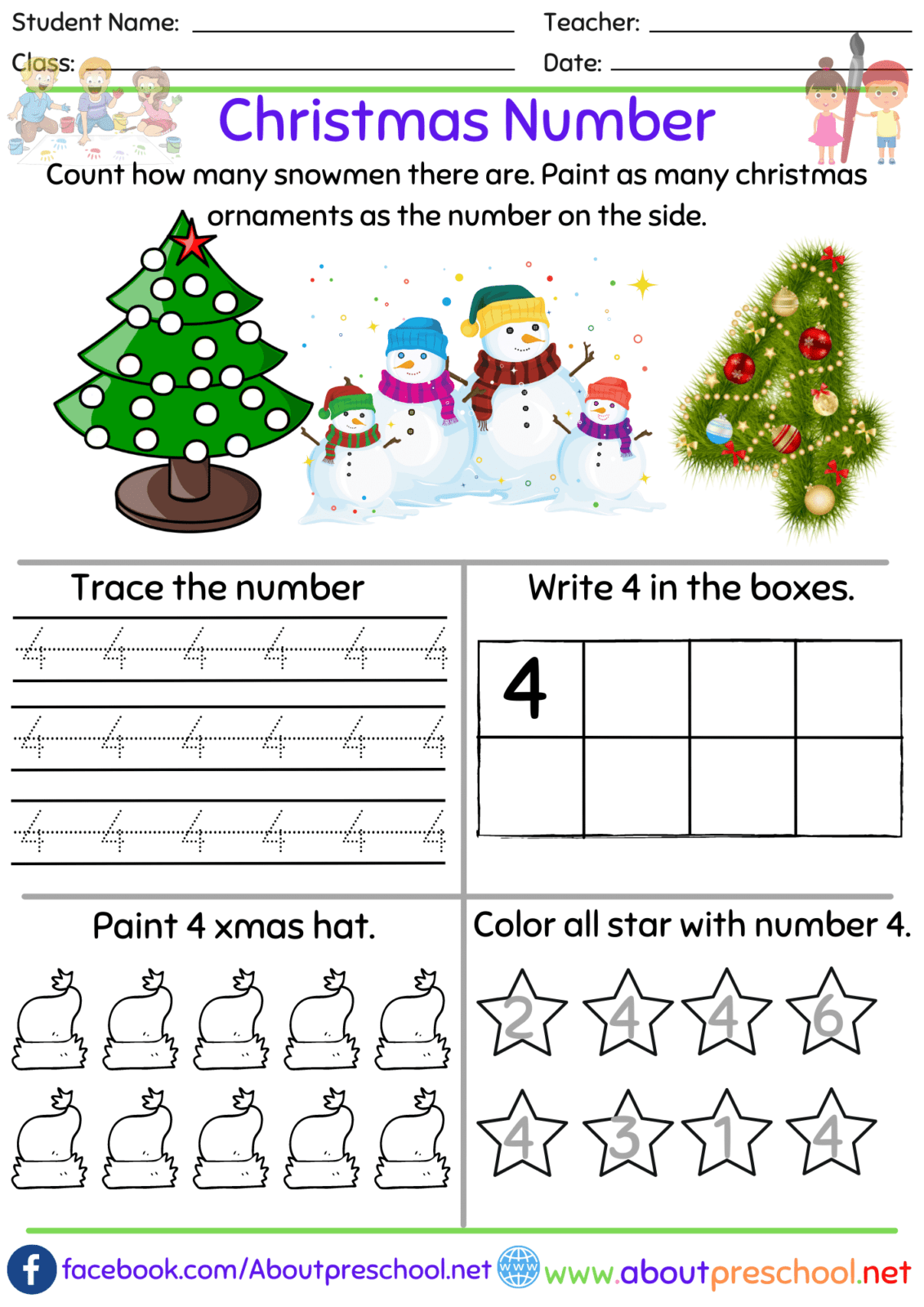 Free Preschool Kindergarten Number 4 Worksheet
