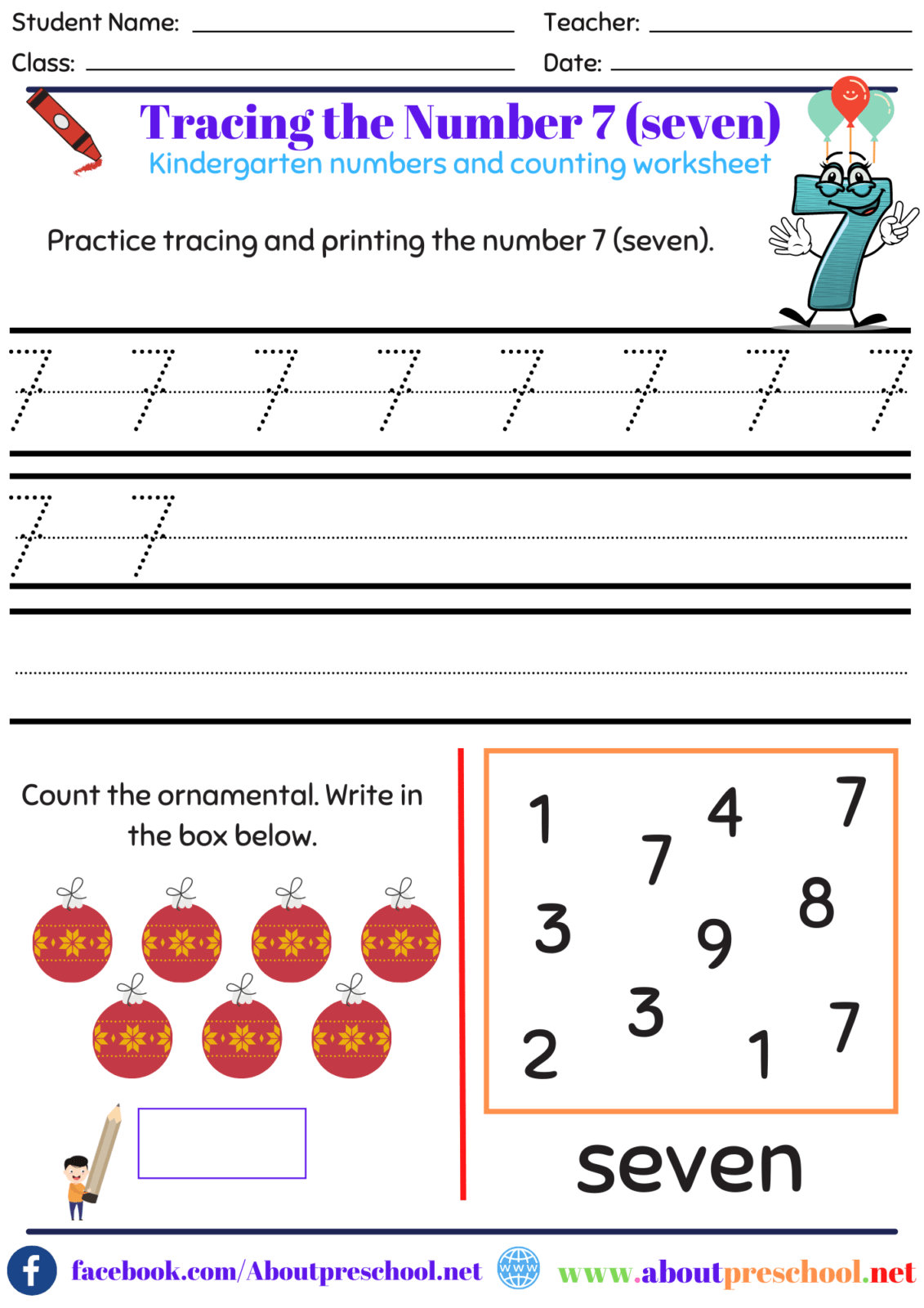 Number 7 Tracing Worksheet