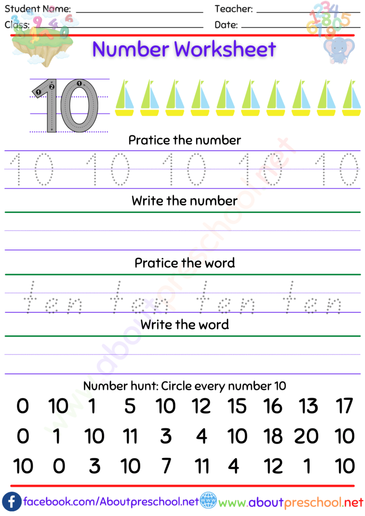 number 10 worksheet about preschool