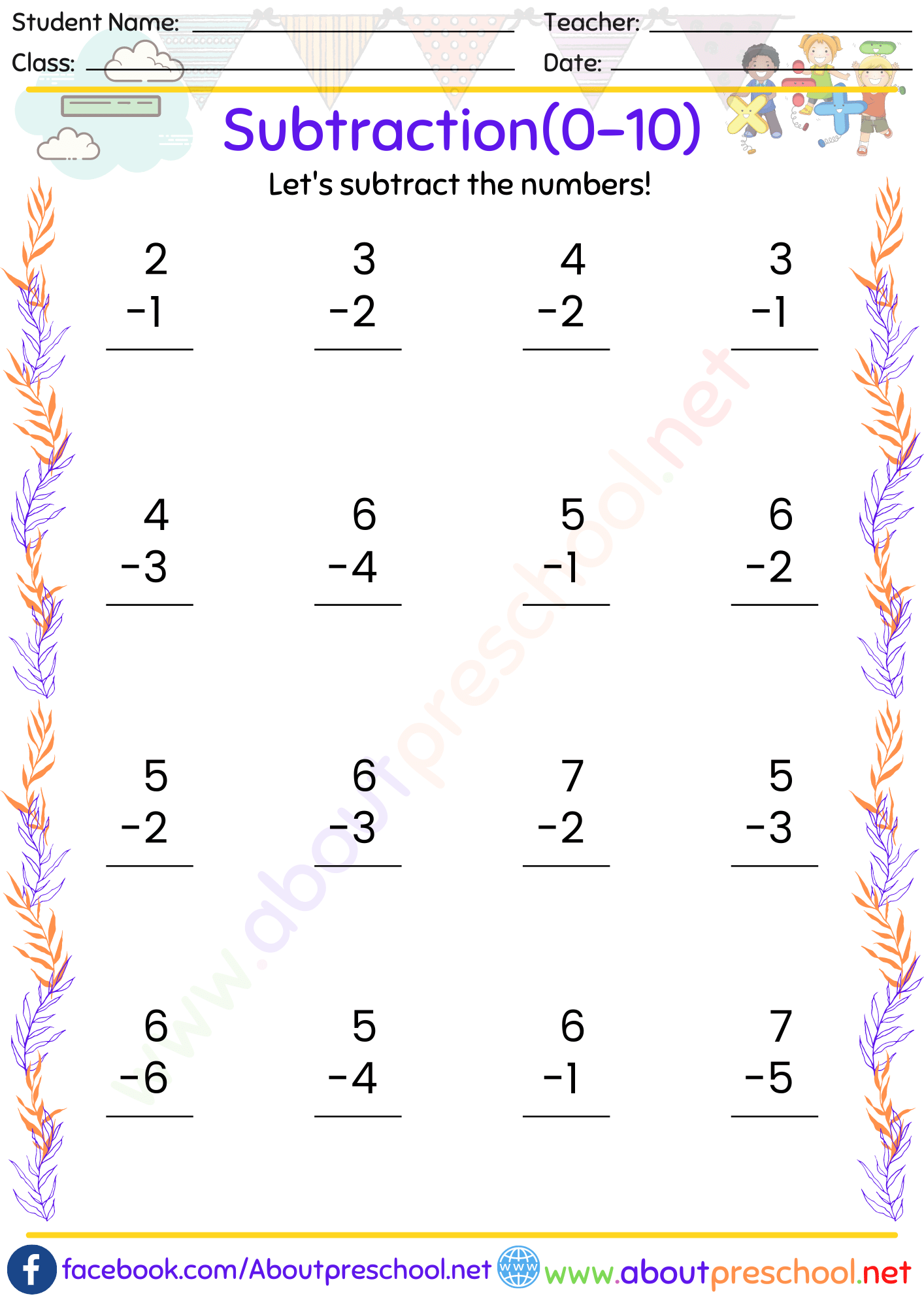 Subtraction Worksheets For Grade 1 About Preschool