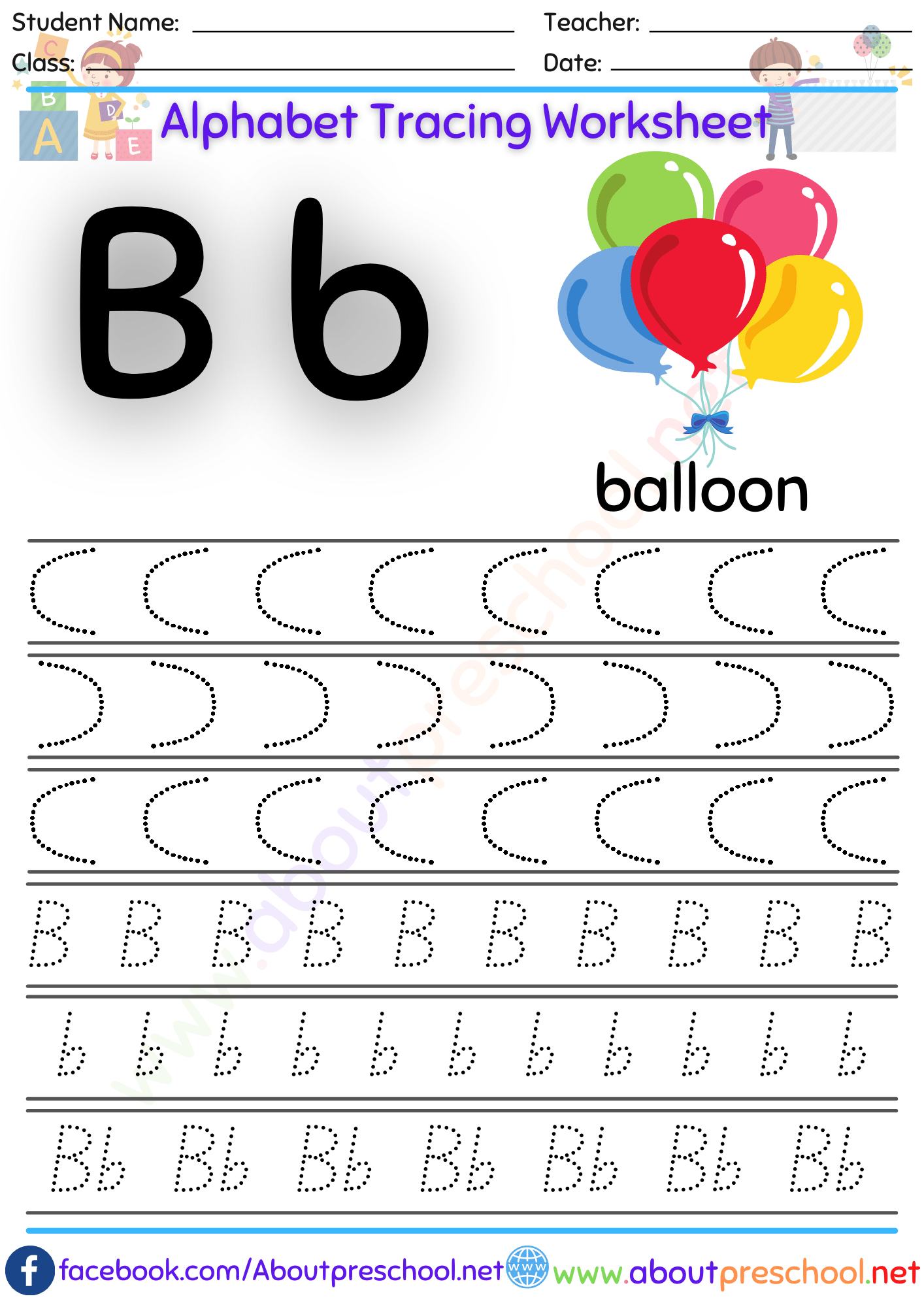 Alphabet-Letter B Tracing Worksheet