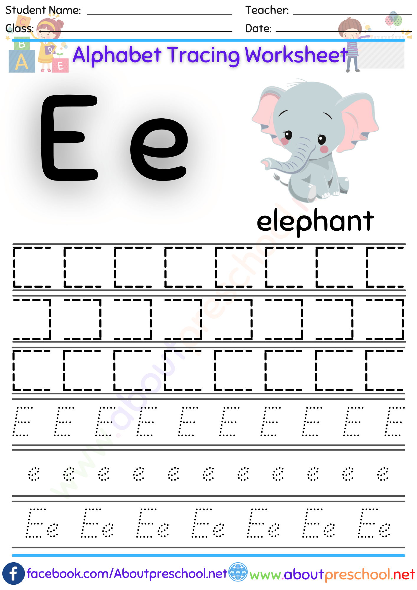 Alphabet-Letter E Tracing Worksheet