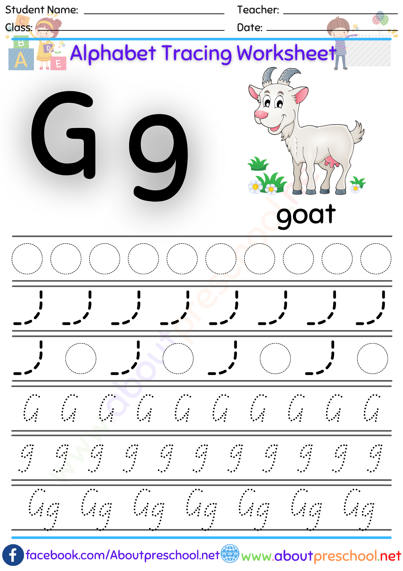 Alphabet Letter G Tracing Worksheet