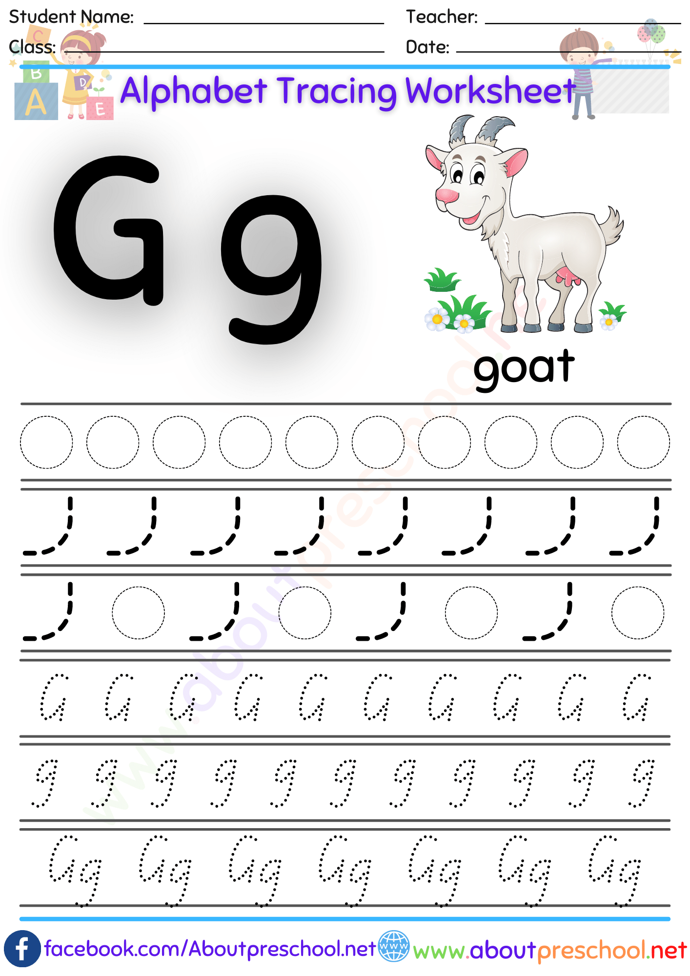 Alphabet-Letter G Tracing Worksheet - About Preschool