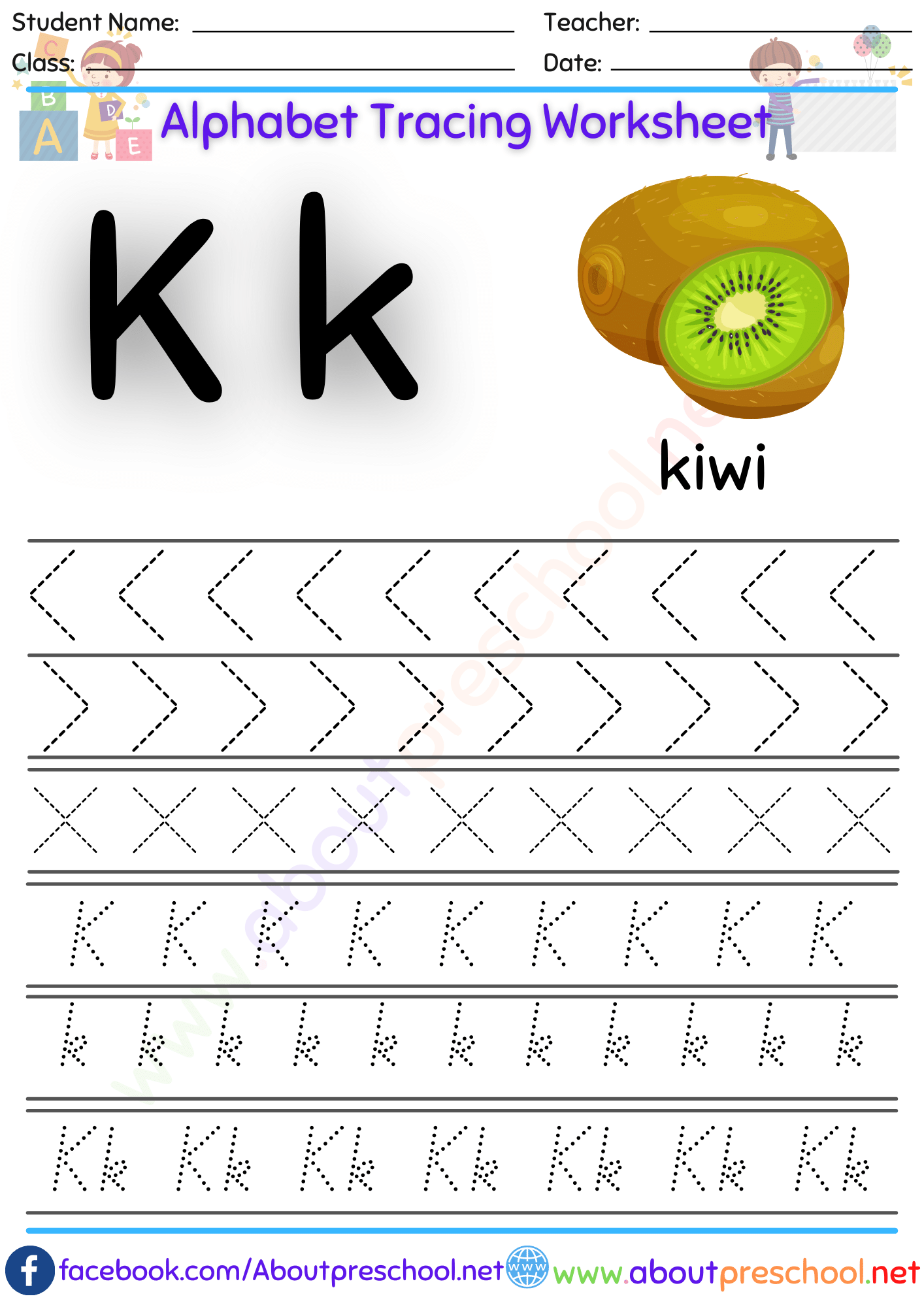 Alphabet Letter K Tracing Worksheet