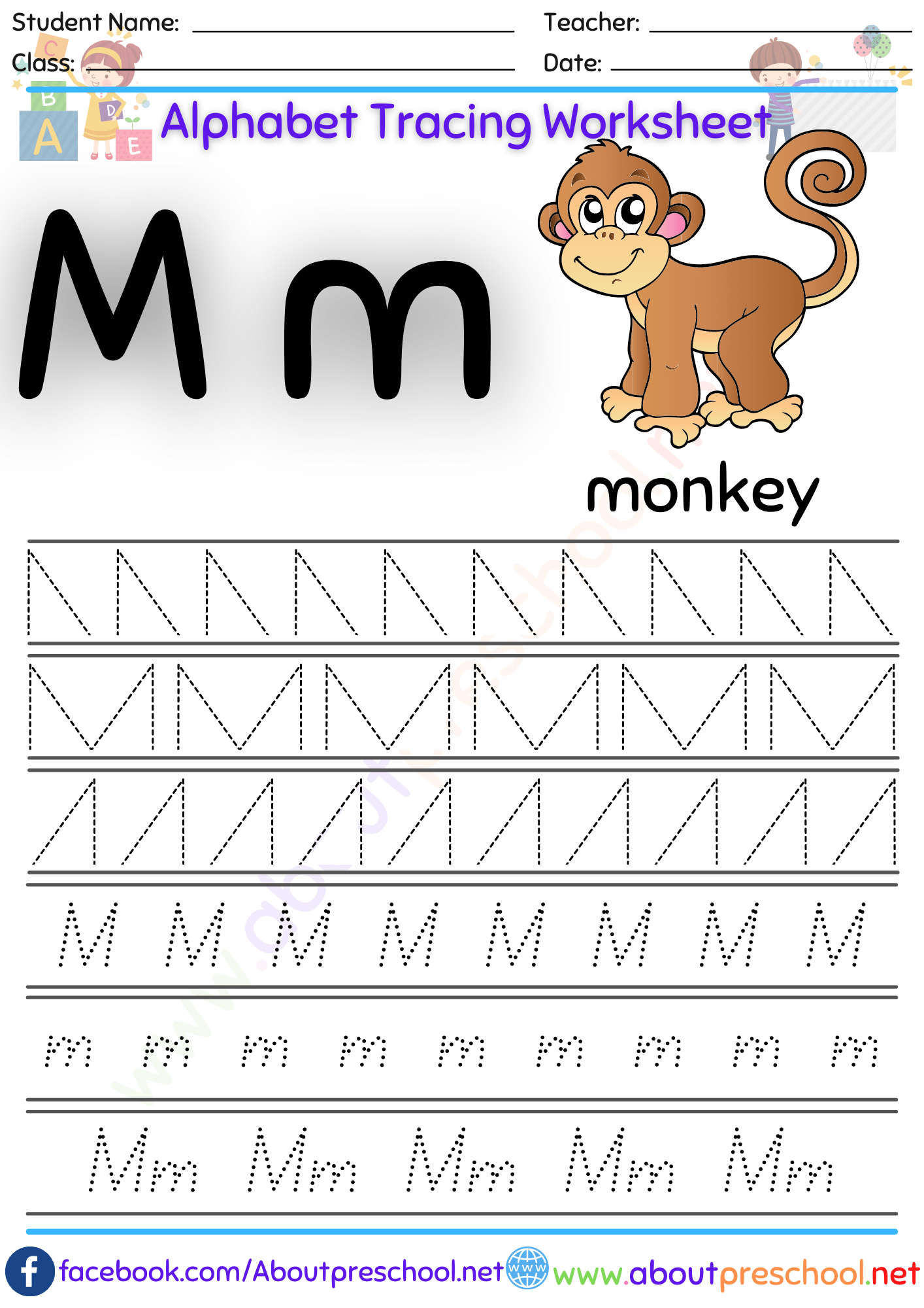 Alphabet Letter M Tracing Worksheet