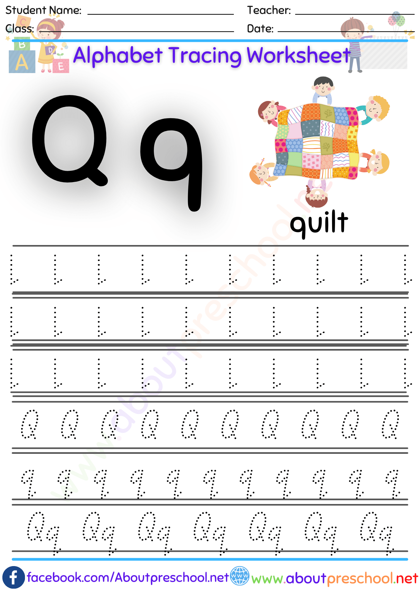 Alphabet-Letter Q Tracing Worksheet