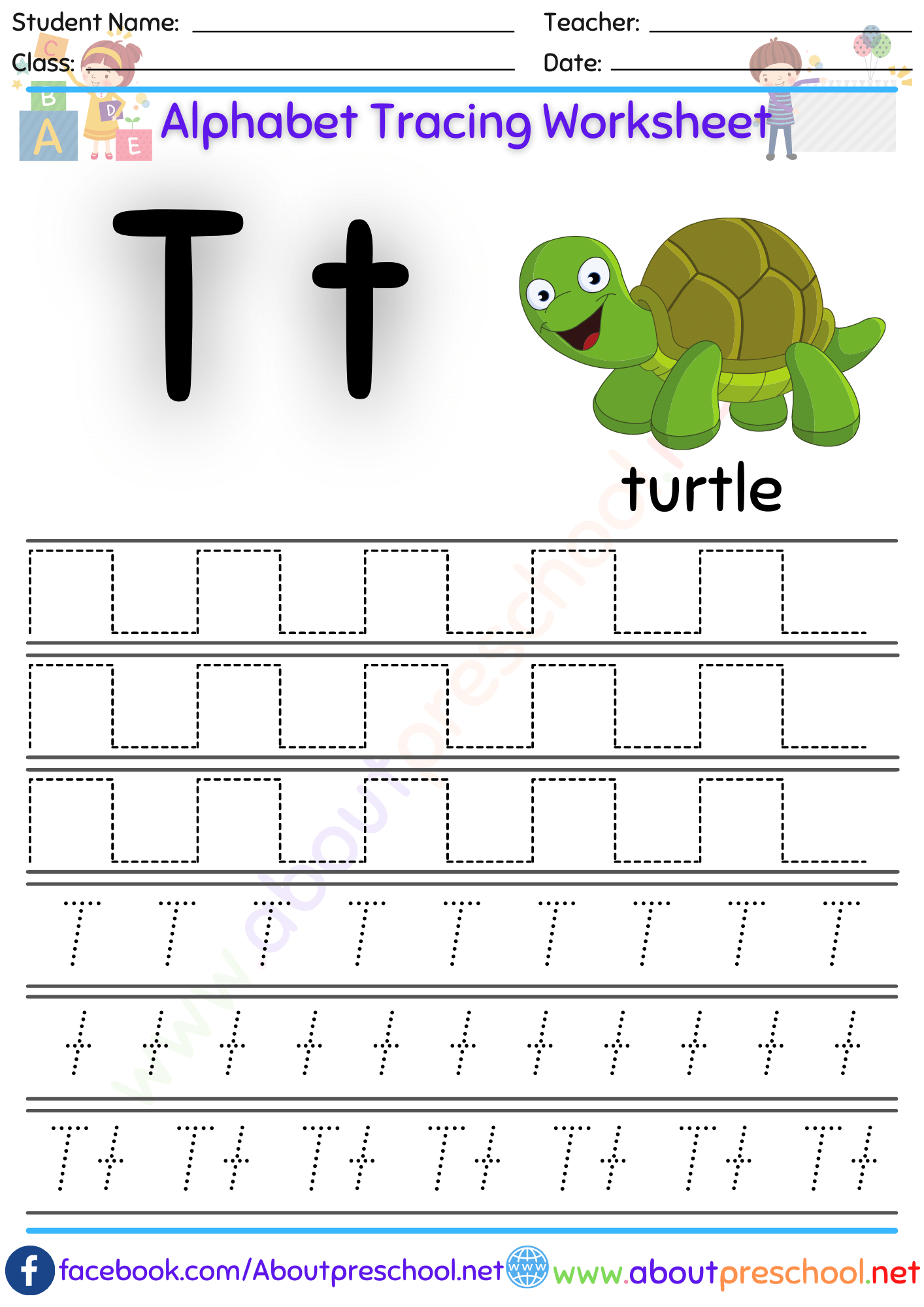 Alphabet-Letter T Tracing Worksheet