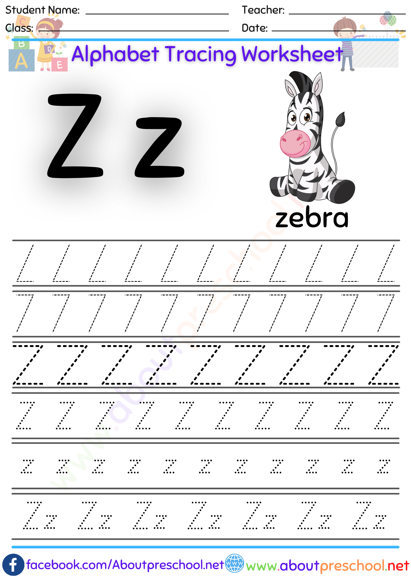 Alphabet-Letter Z Tracing Worksheet - About Preschool