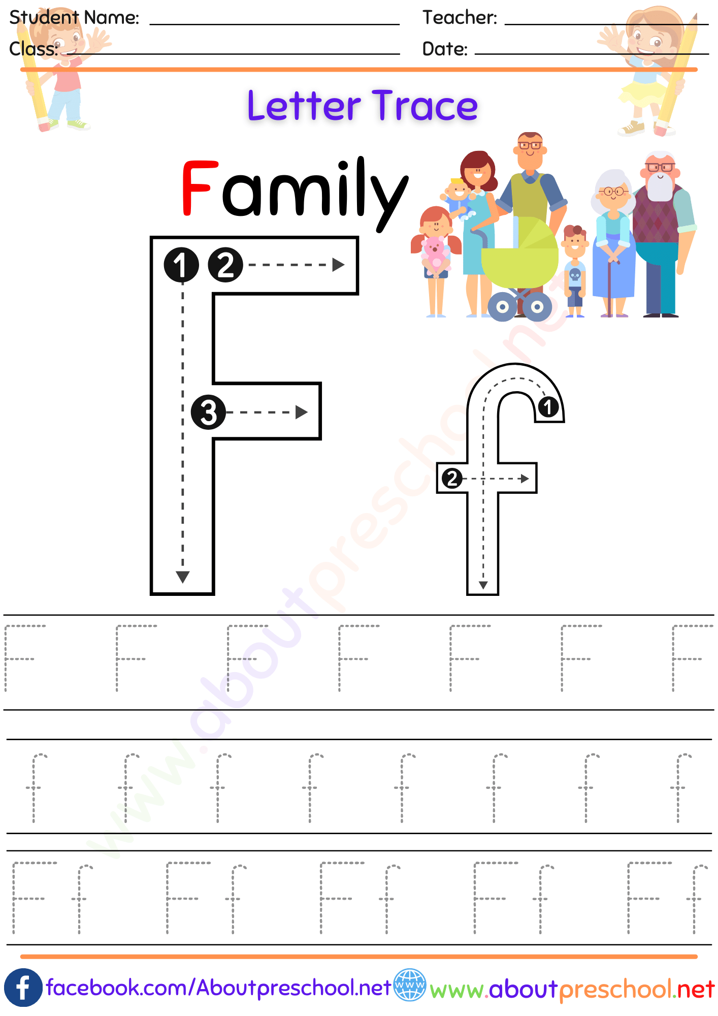 Letter F Tracing Worksheet PDF About Preschool