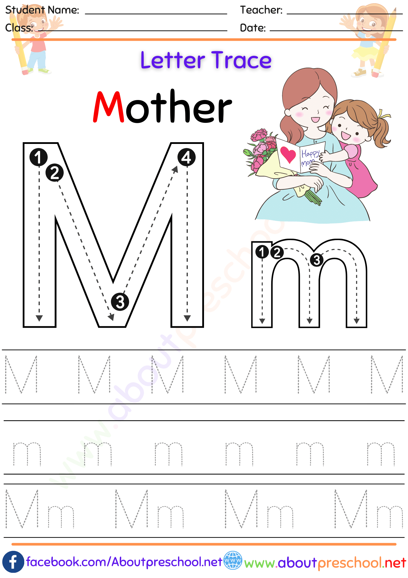 Letter M Tracing Worksheet Pdf About Preschool 