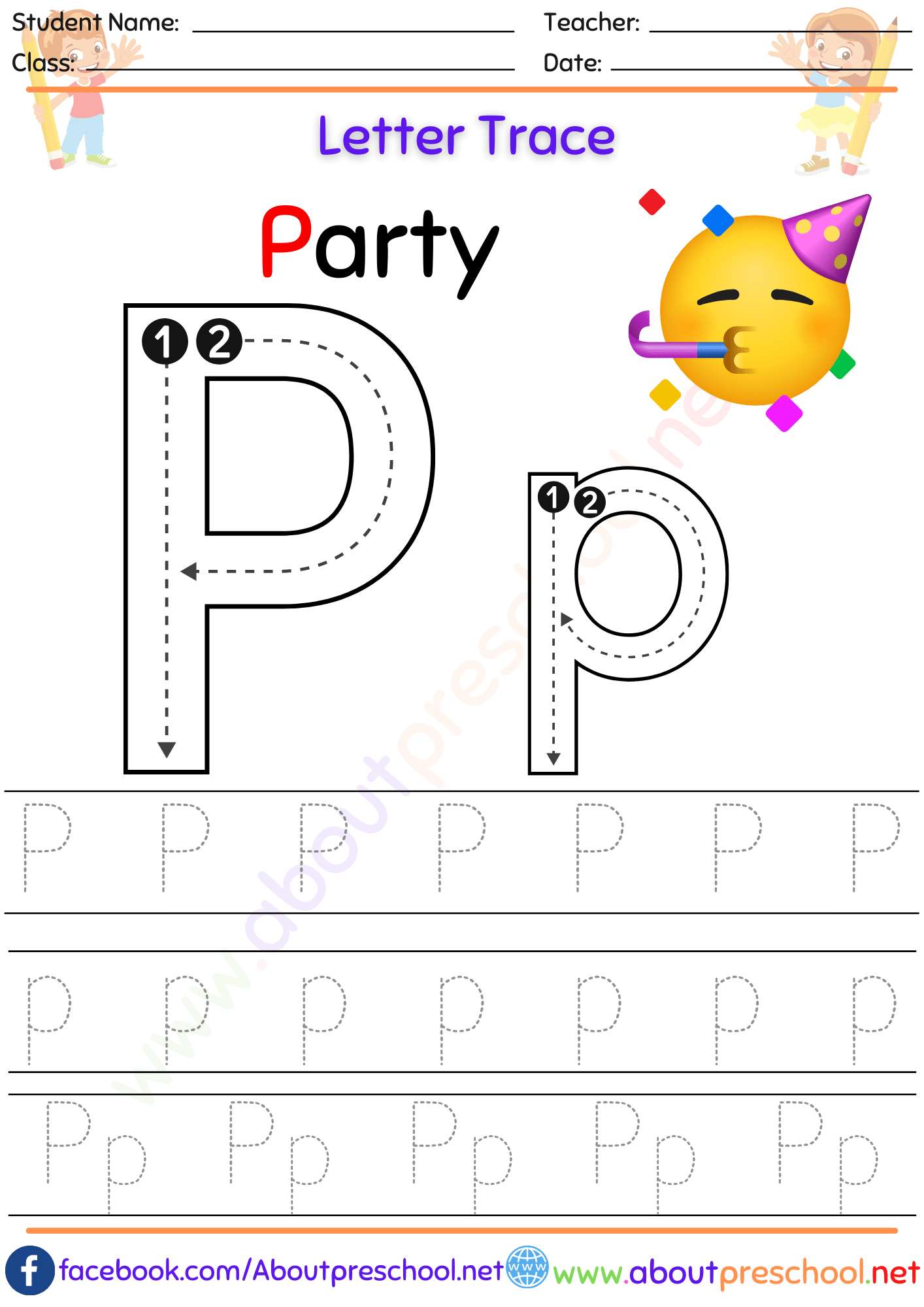 Letter P Tracing Worksheet PDF About Preschool