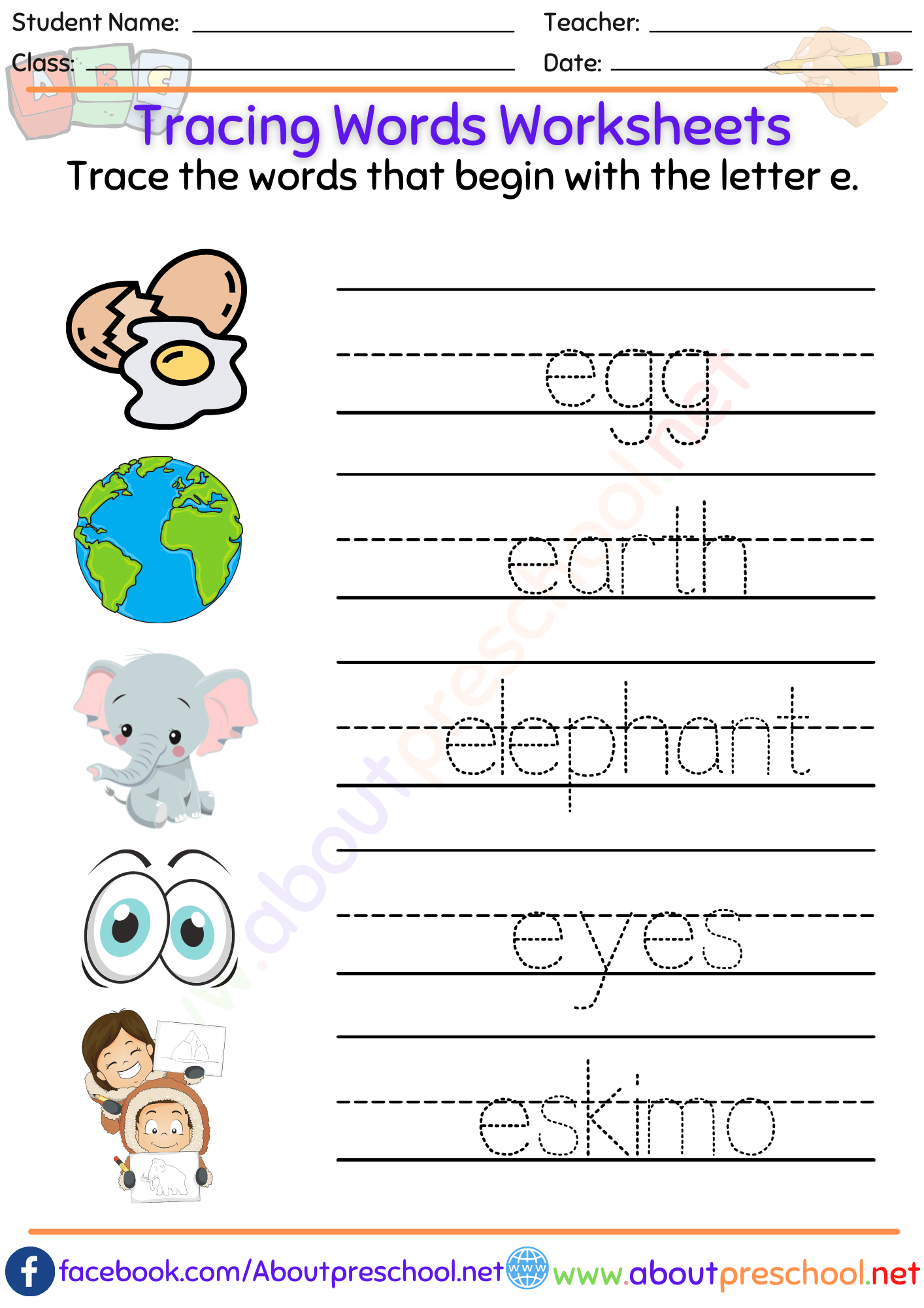 Tracing Words Worksheets-e