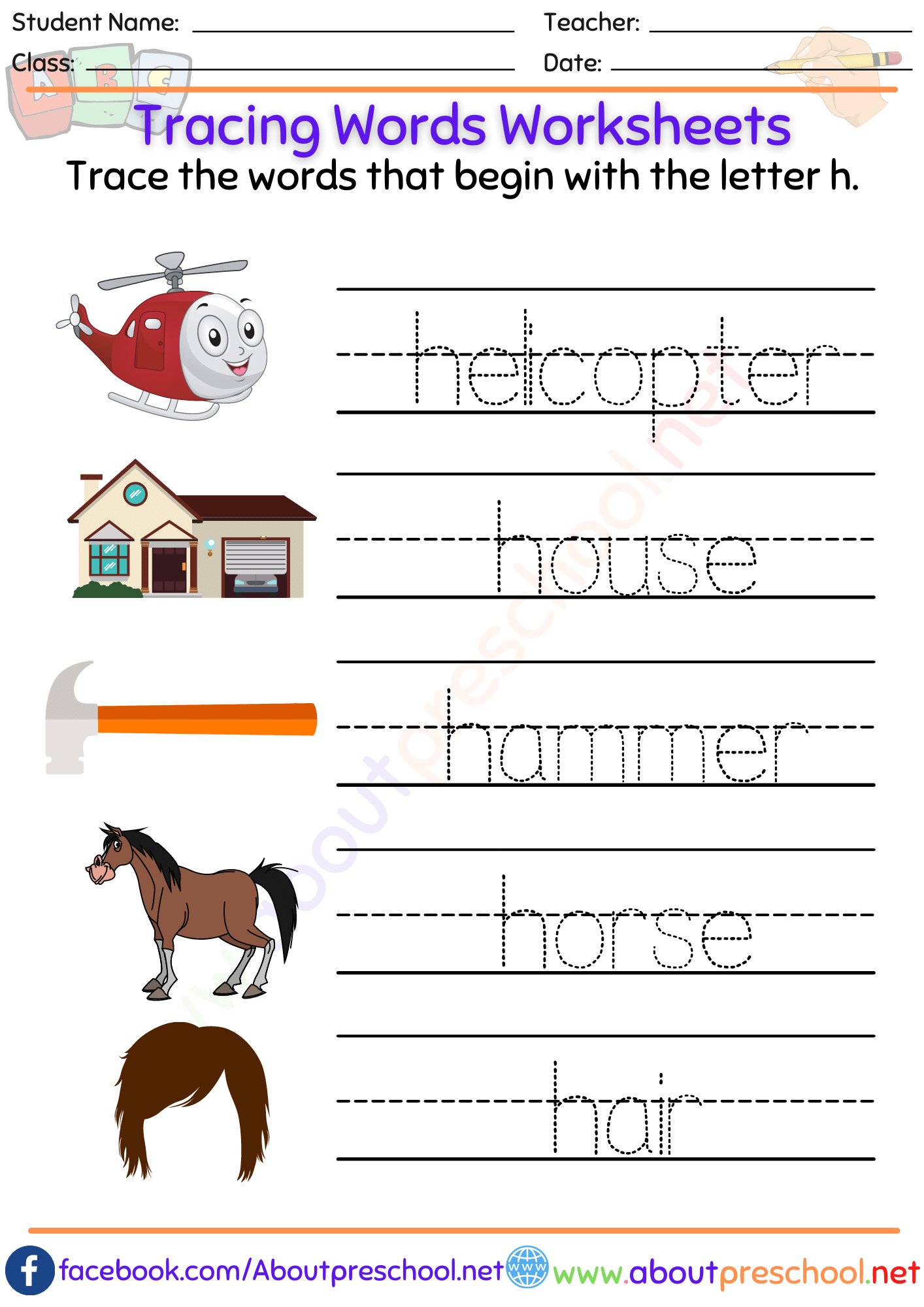 Tracing Words Worksheets h