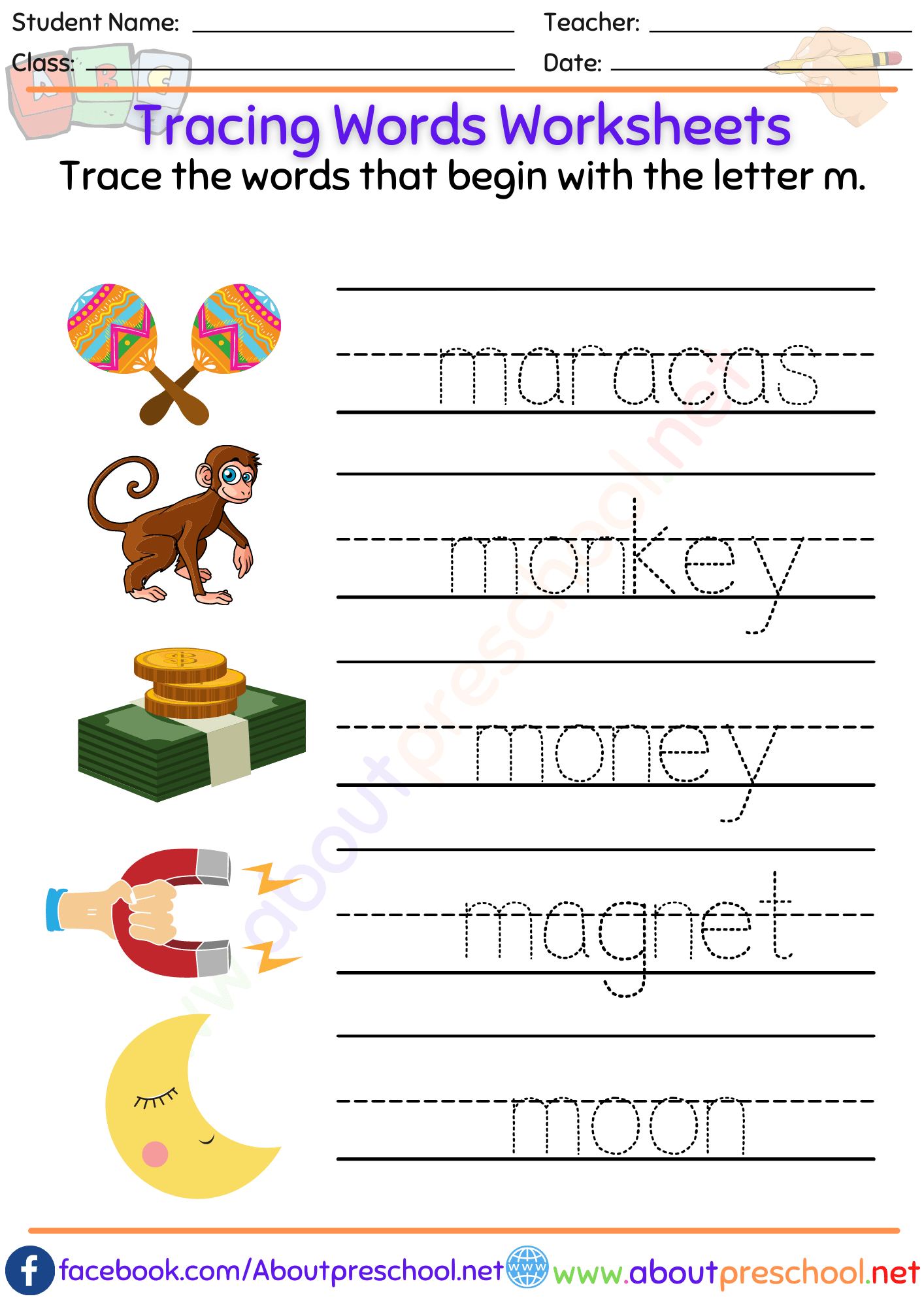 Tracing Words Worksheetsm About Preschool