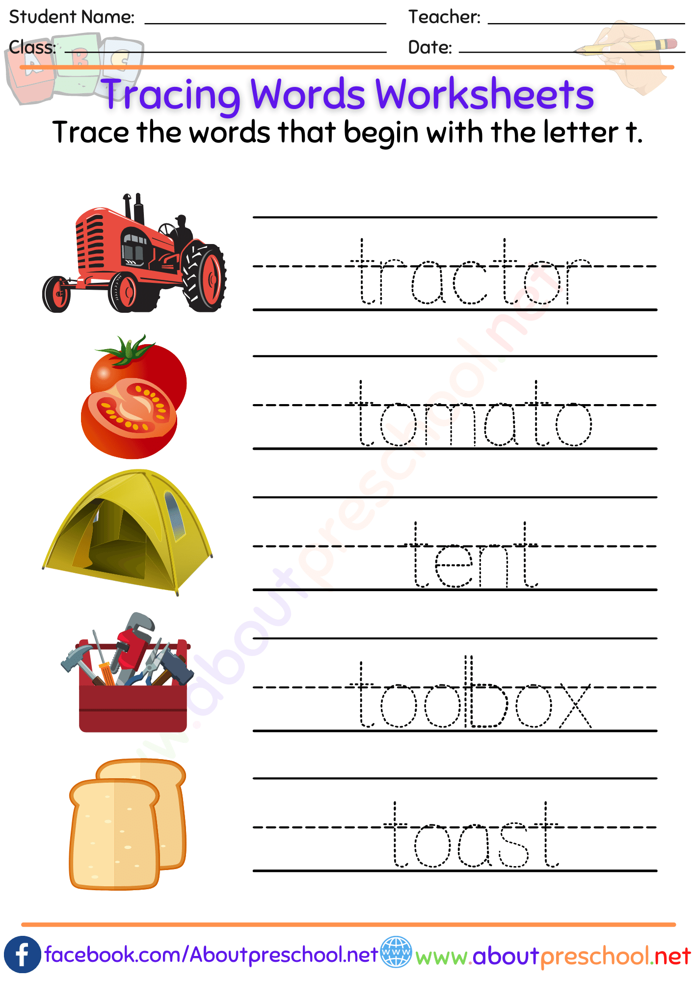 Tracing Words Worksheets-t