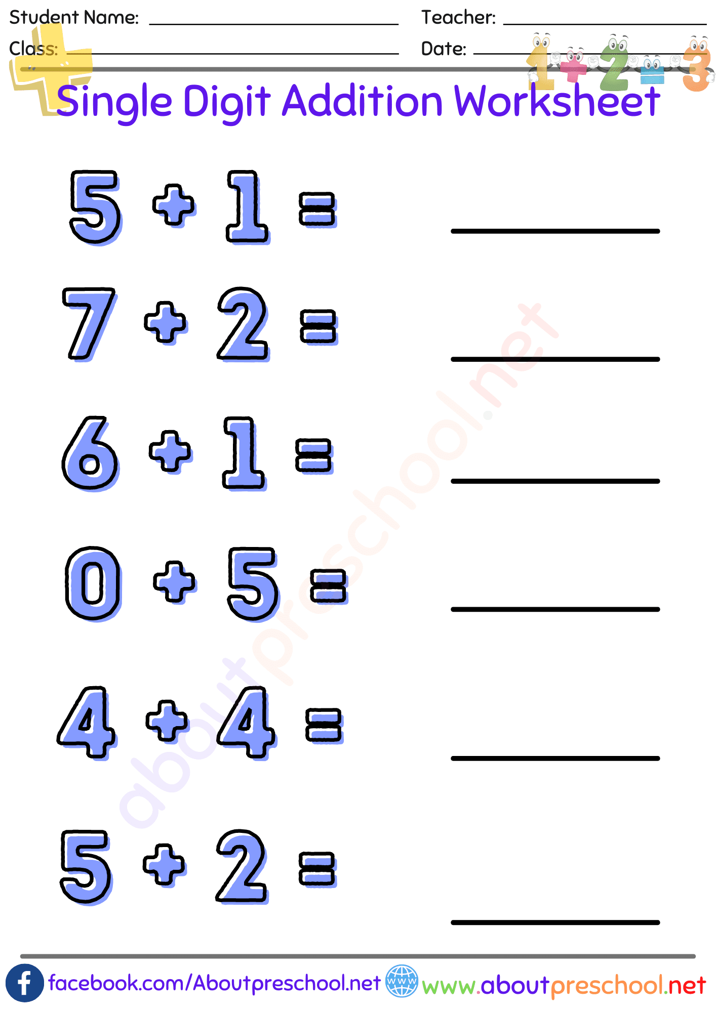 Single Digit Addition Worksheet 14 About Preschool