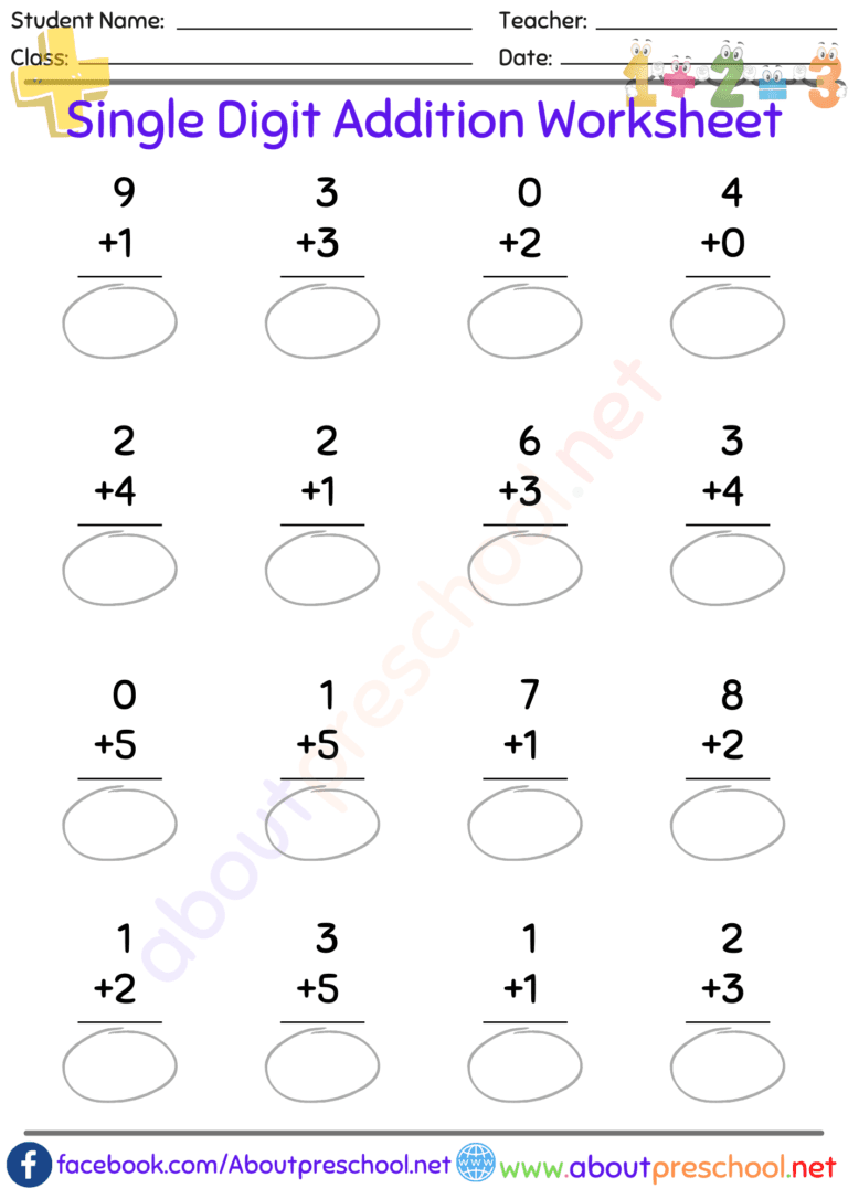 Single Digit Addition Worksheet-7 - About Preschool