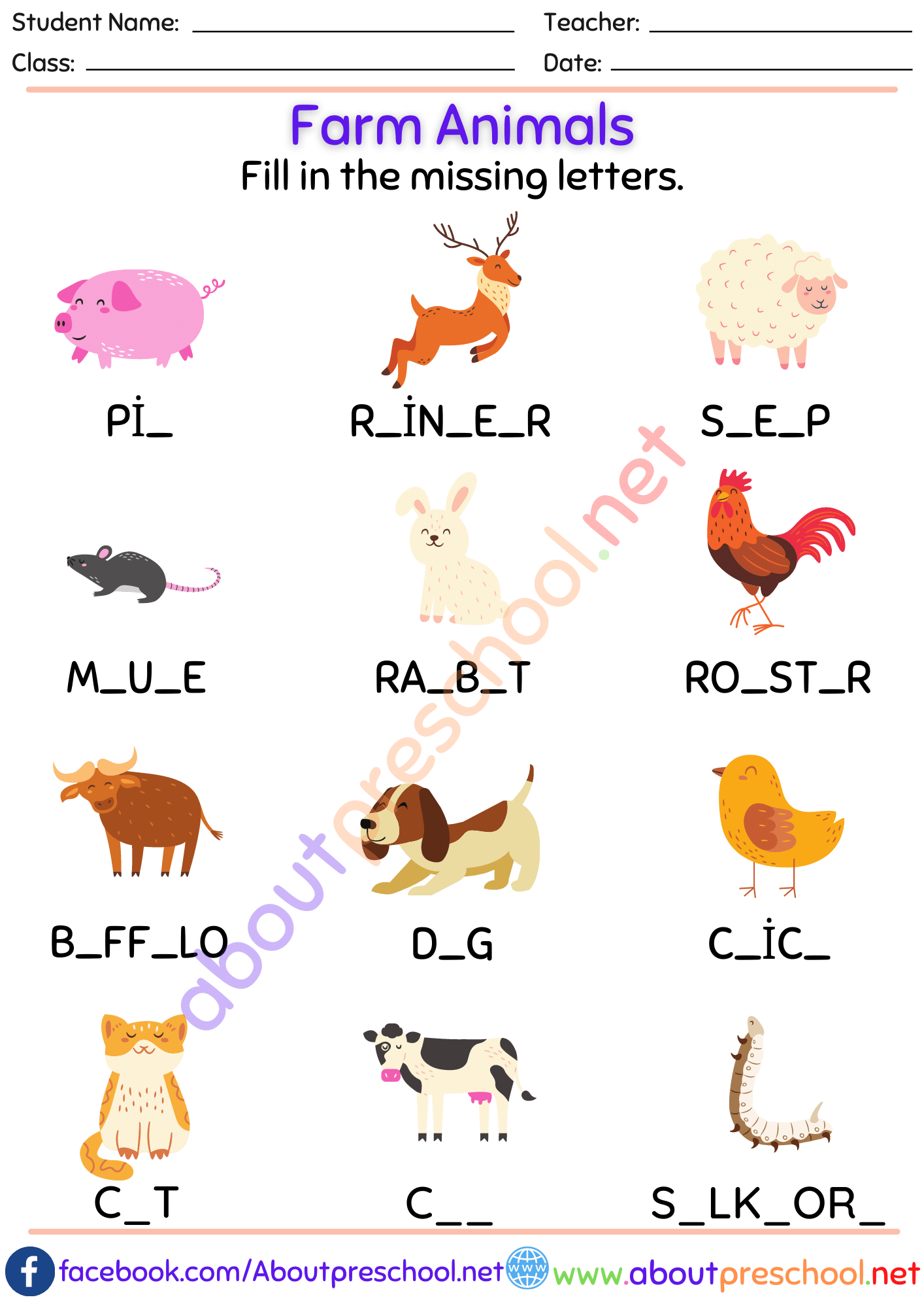 Missing Letters Worksheets Farm Animals 2