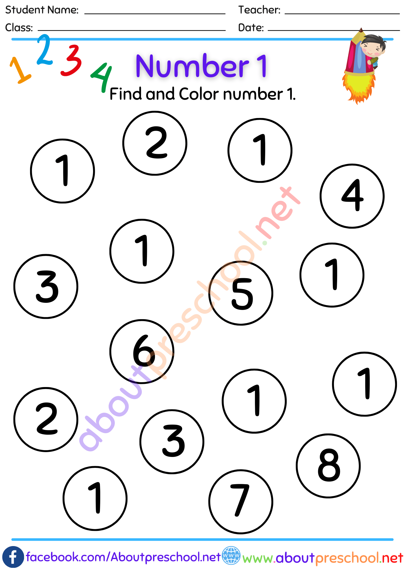 Color Number 1 Worksheet About Preschool