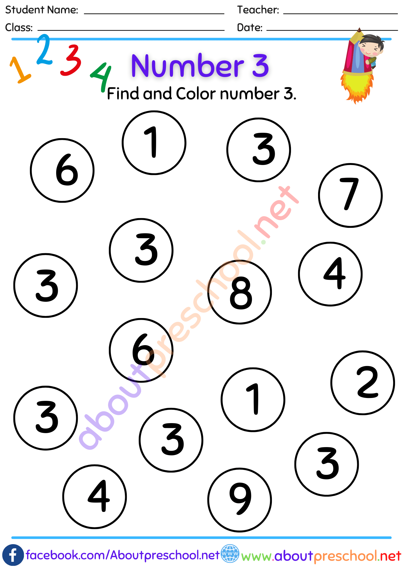 Color Number 3 Worksheet