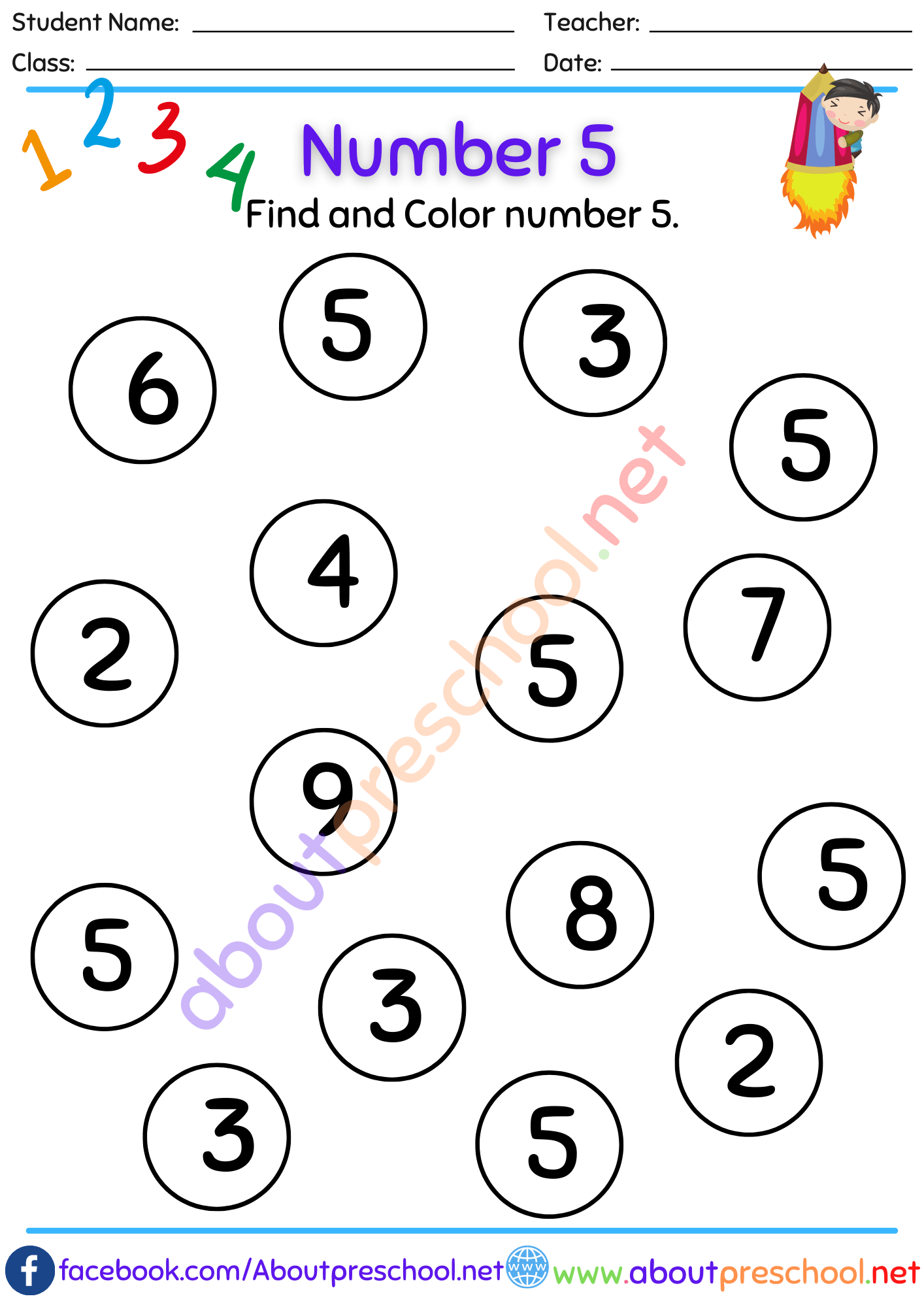 Color Number 5 Worksheet