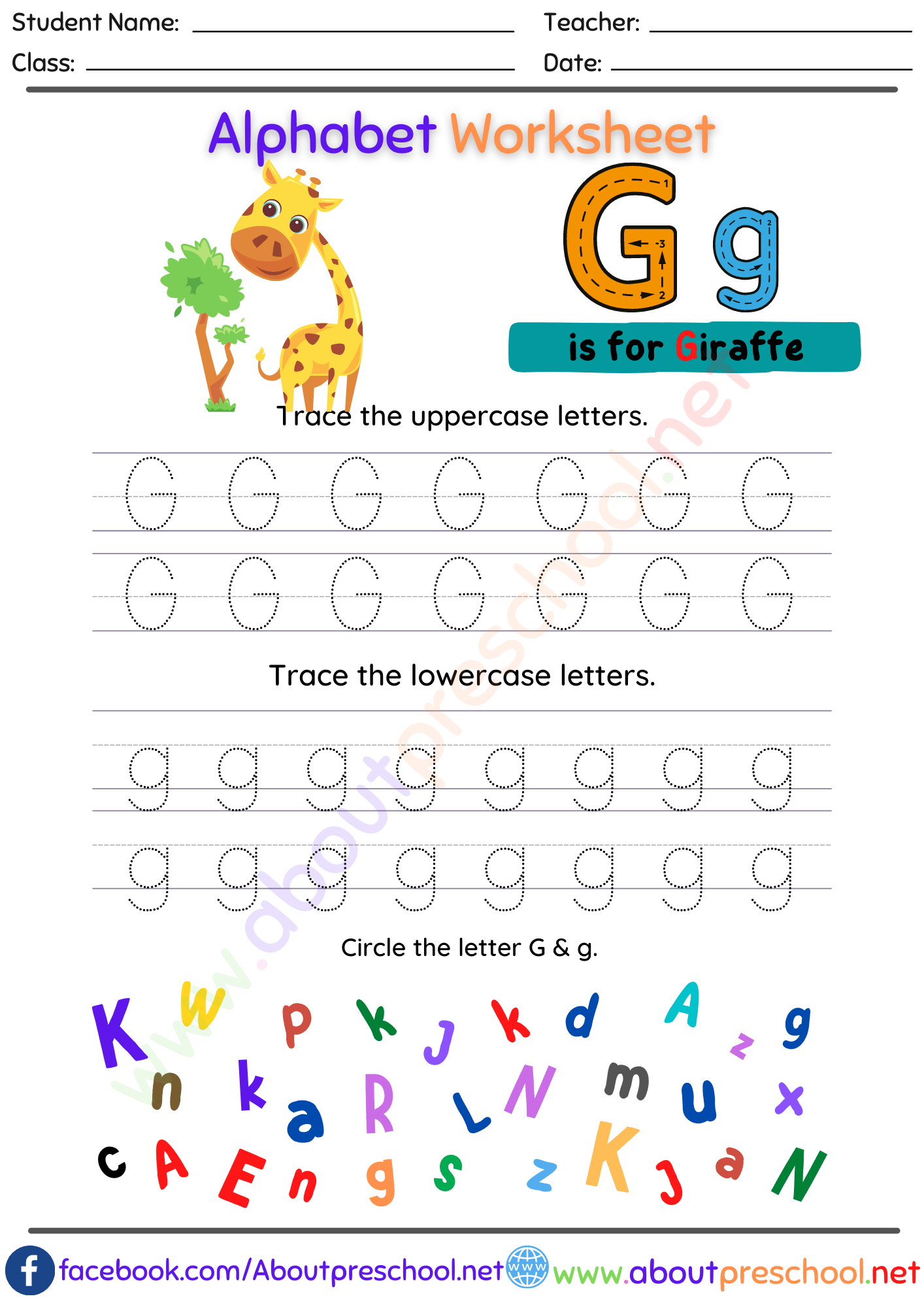 Trace Letter g Worksheets