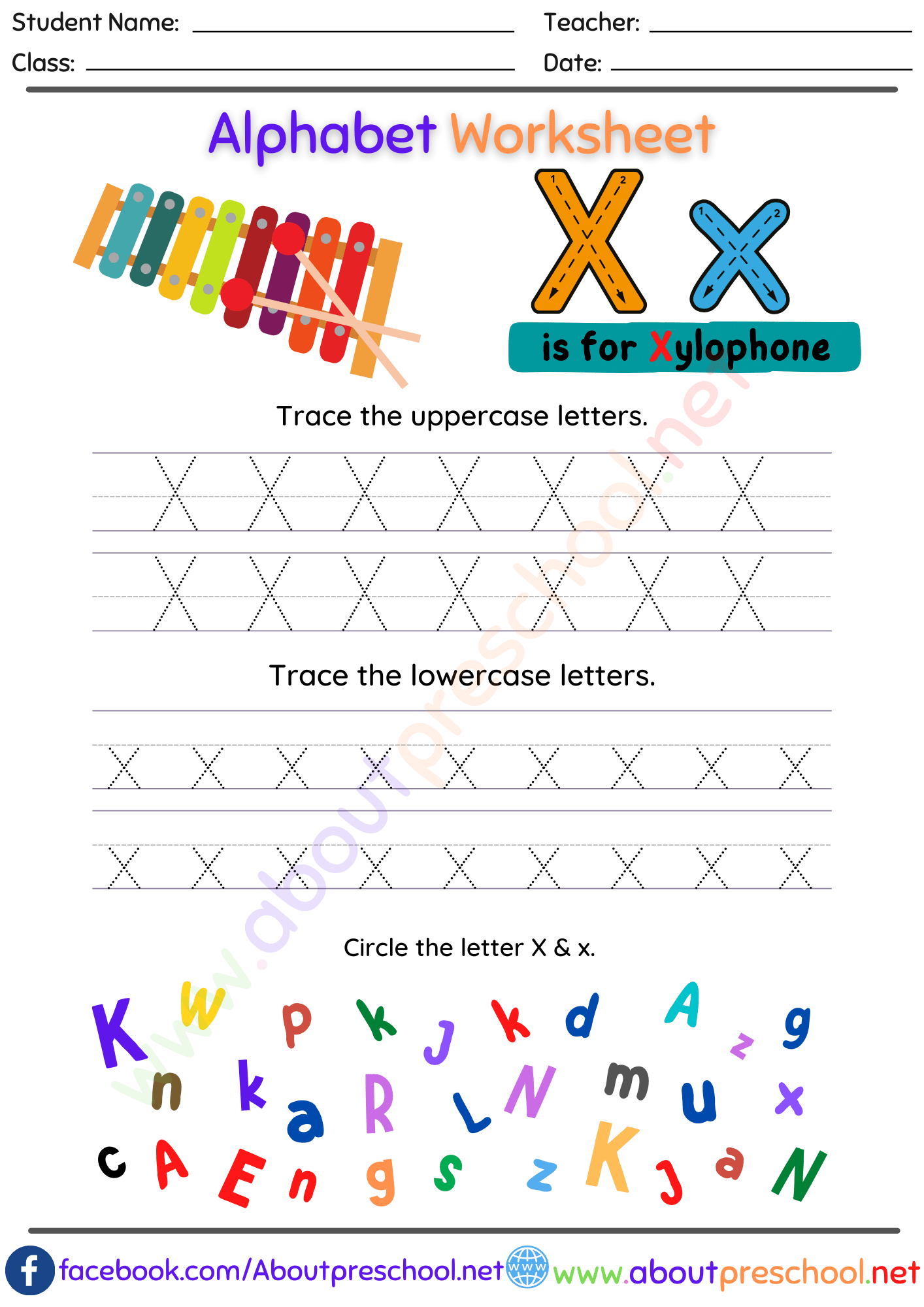 Trace Letter x Worksheets
