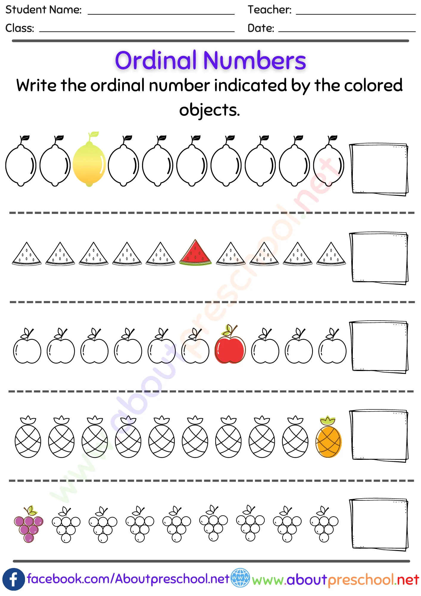 Kindergarten or Grade 1 Ordinal Numbers Worksheet 2 Kindergarten or Grade 1 Ordinal Numbers Worksheet