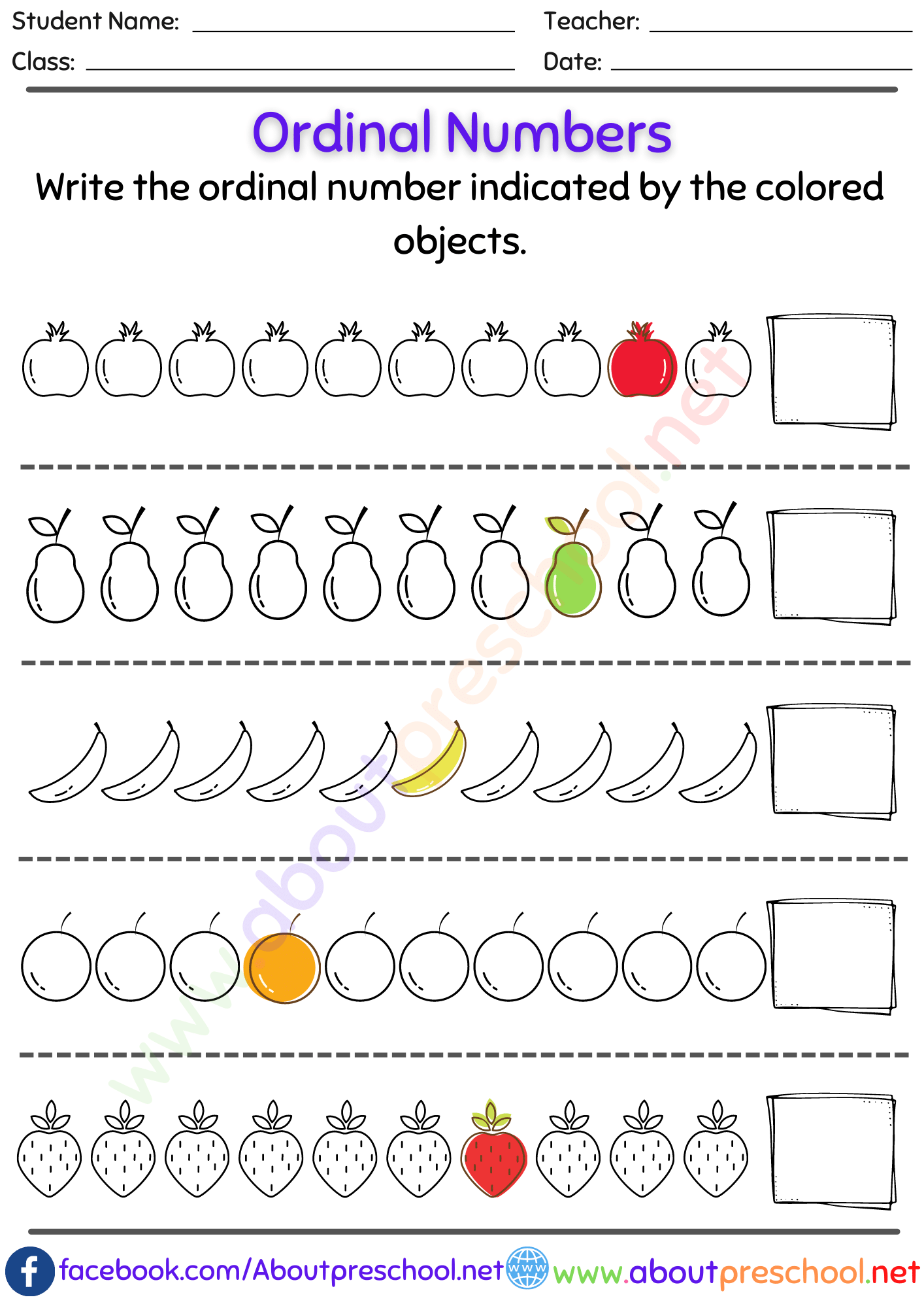 Kindergarten or Grade 1 Ordinal Numbers Worksheet
