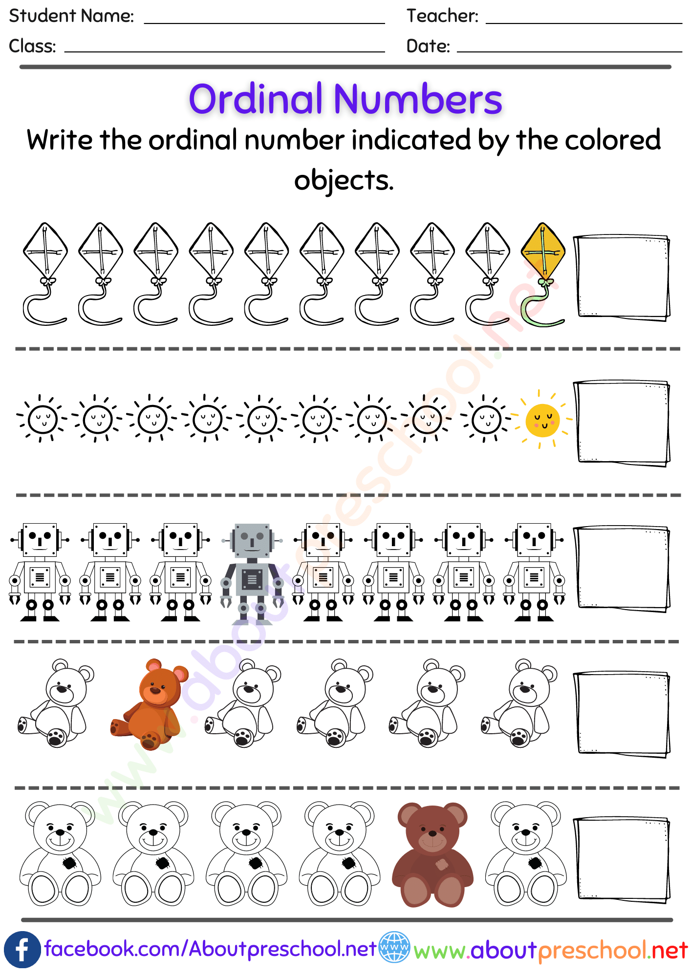 Kindergarten or Grade 1 Ordinal Numbers Worksheet