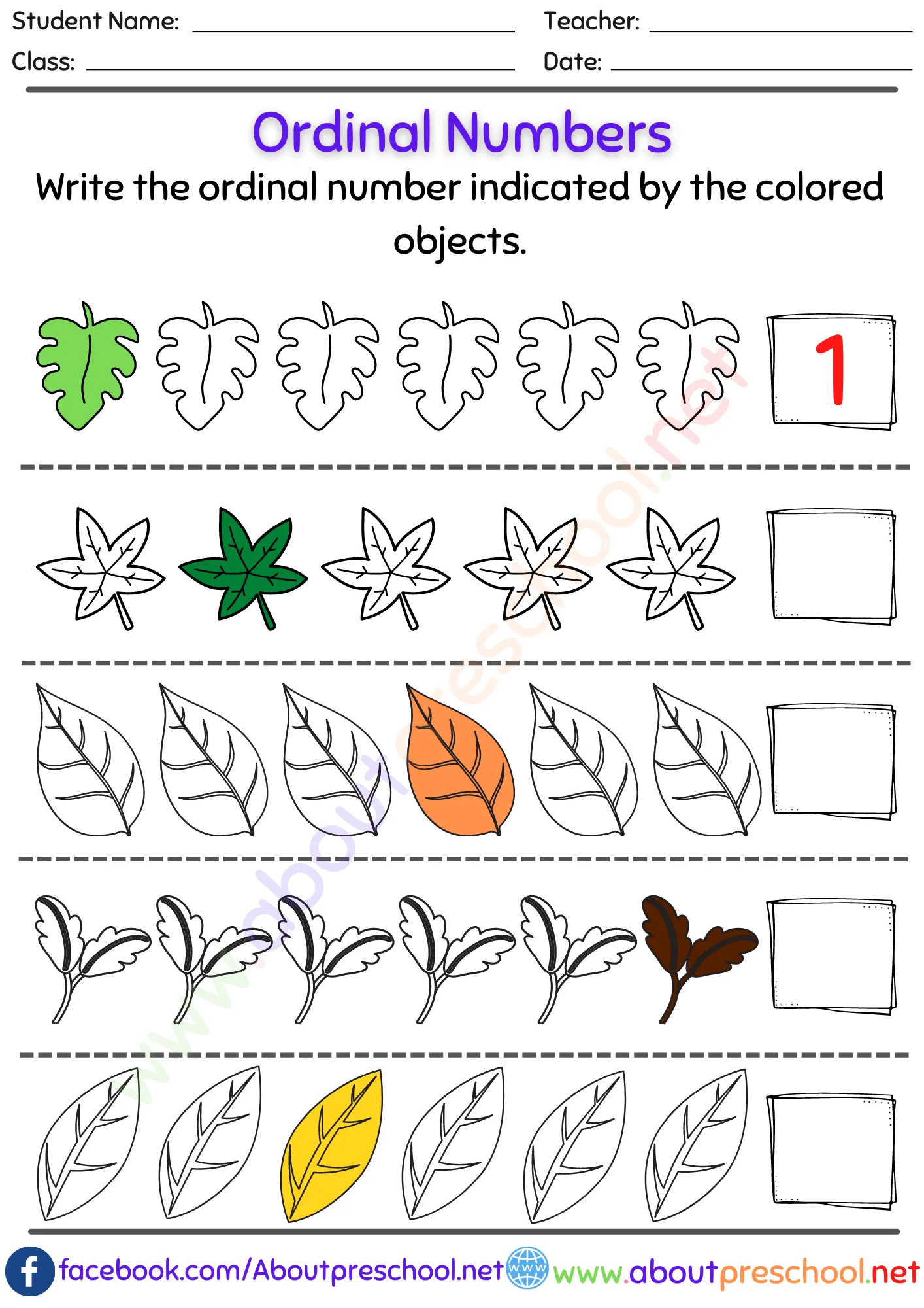 Kindergarten or Grade 1 Ordinal Numbers Worksheet 2 Kindergarten or Grade 1 Ordinal Numbers Worksheet