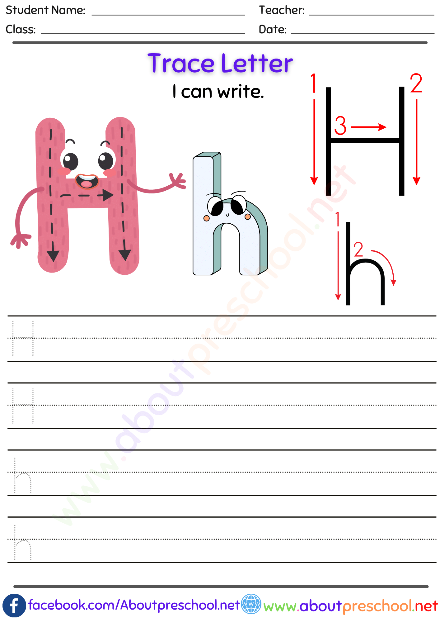 Letters for Tracing h
