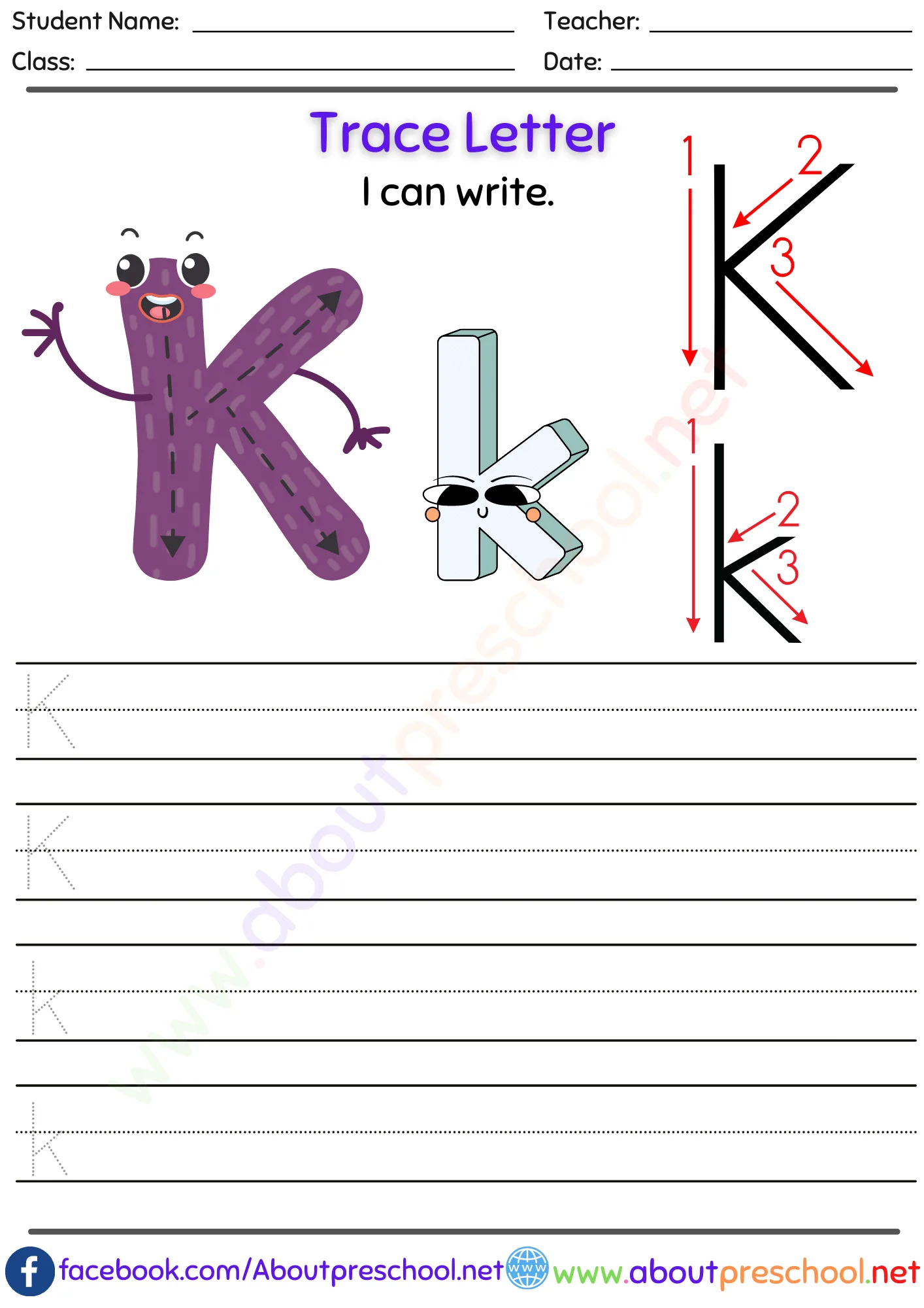 Letters for Tracing k 5 Letters for Tracing k