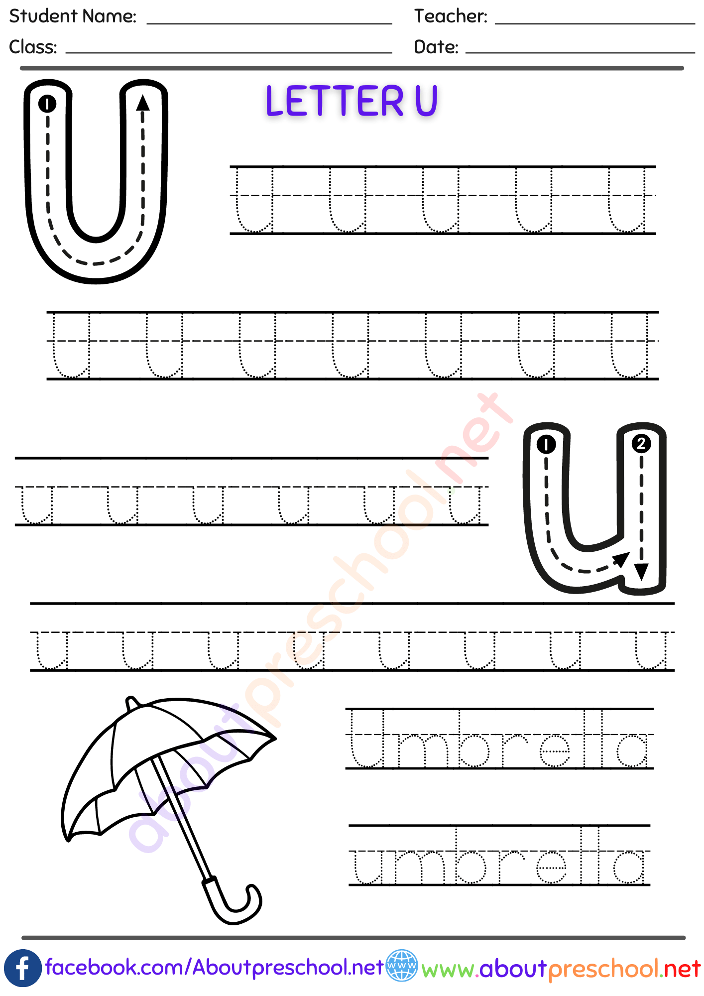 Kindergarten Letter Trace U