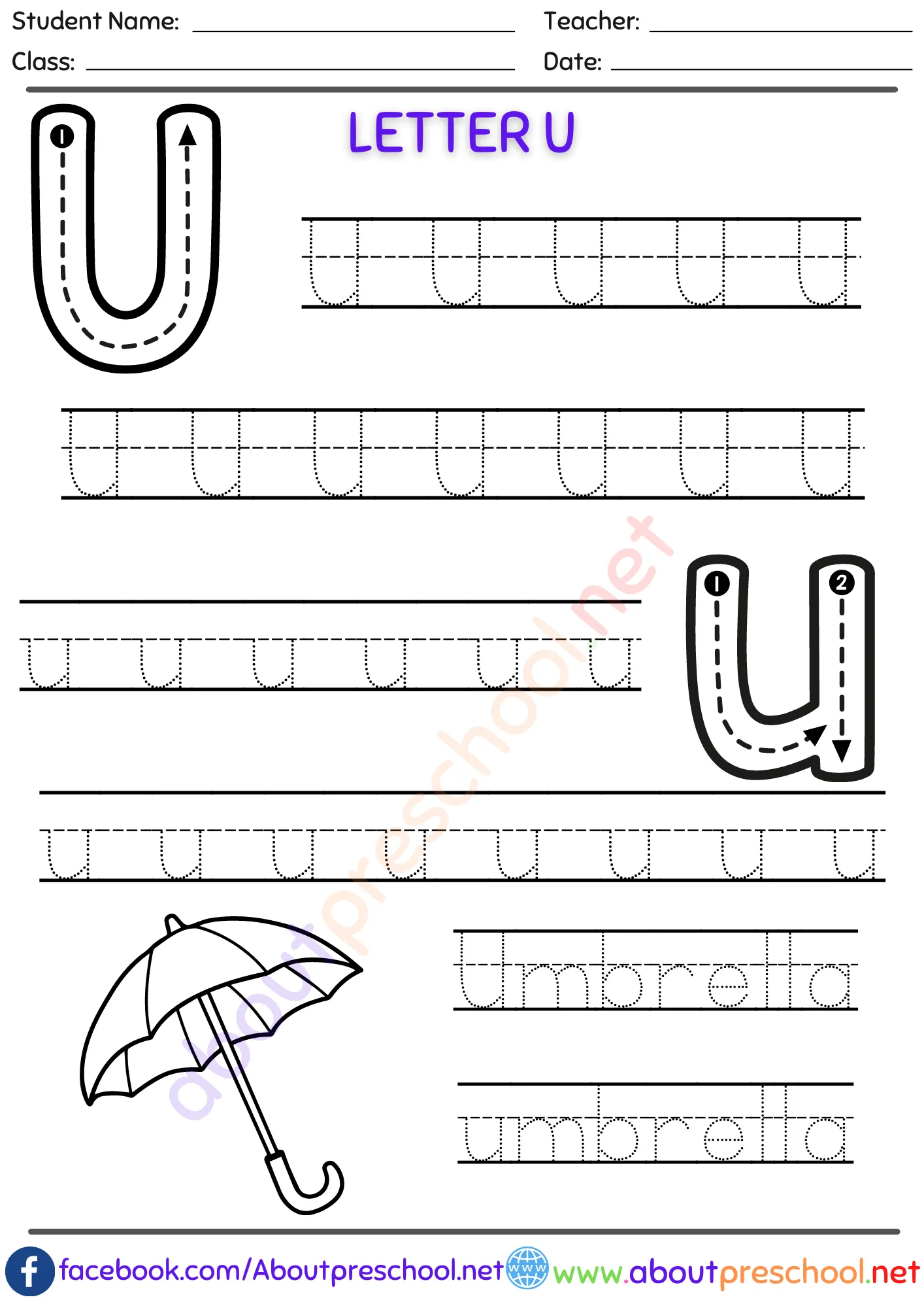 Kindergarten Letter Trace U 2 Kindergarten Letter Trace U